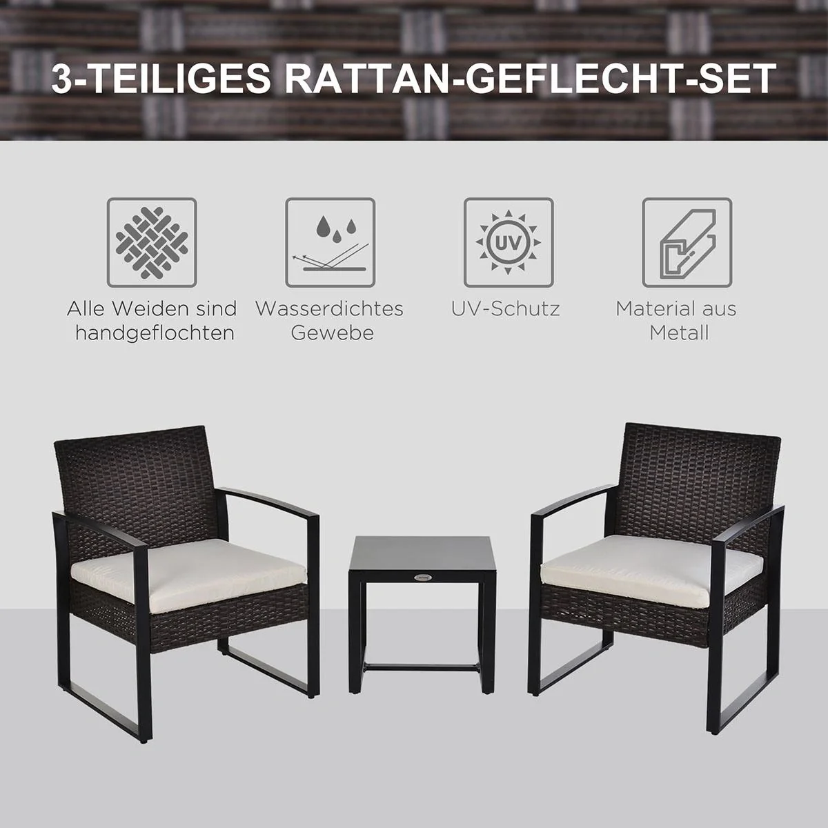 Polyrattan Sitzgruppe Gartenset 3 tlg. Gartenmöbel mit Kissen Garten Braun - 6