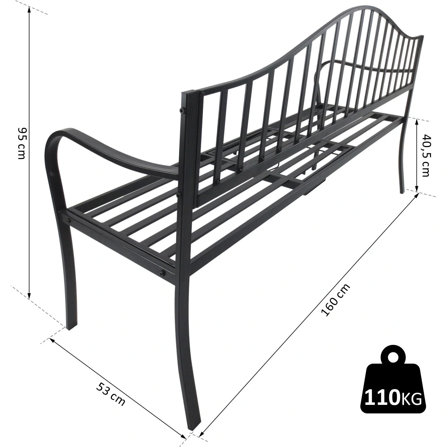 Gartenbank 2 Sitzer Sitzbank Parkbank Metallbank Bankauflage mit Armlehne mit Klappbeistelltisch Schwarz 160 x 53 x 95 c - 7