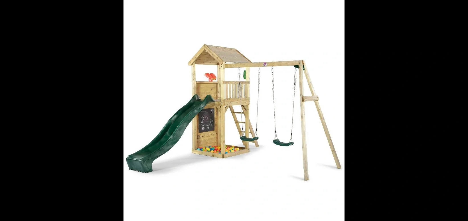 Holz Aussichtsturm mit Doppelschaukel, Outdoor-Spielturm, Kletterwand, Rutsche, Sandkasten, Kreidetafel, natur - 9