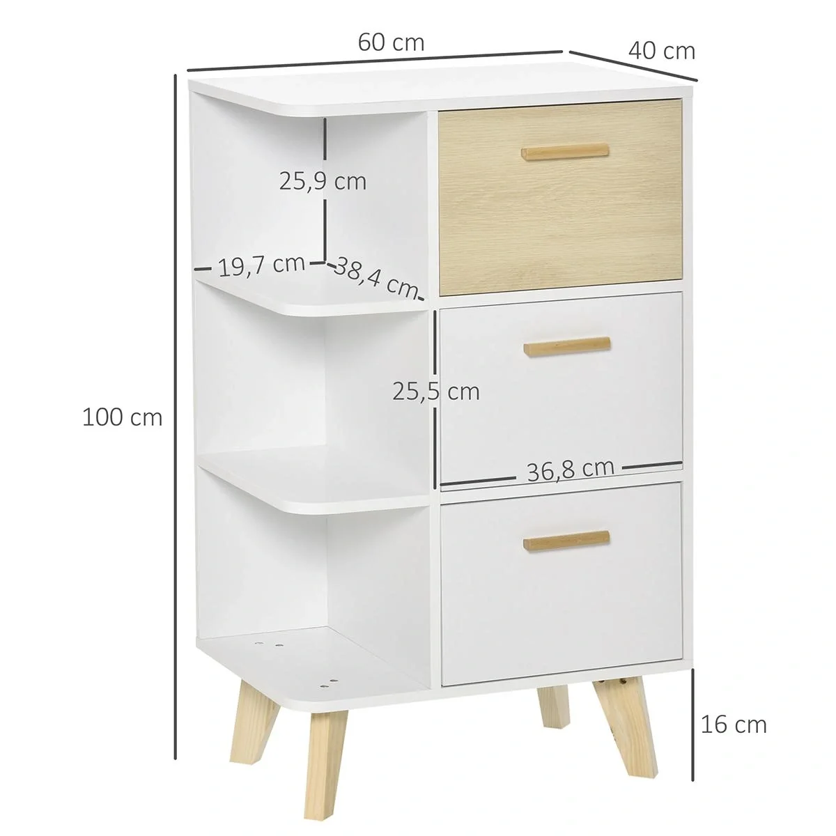 Sideboard Kommode Schrank mit 3 offenen Ablagen Schubladen Aufbewahrungsschrank Mehrzweckschrank für Wohnzimmer Schlafzi - 6
