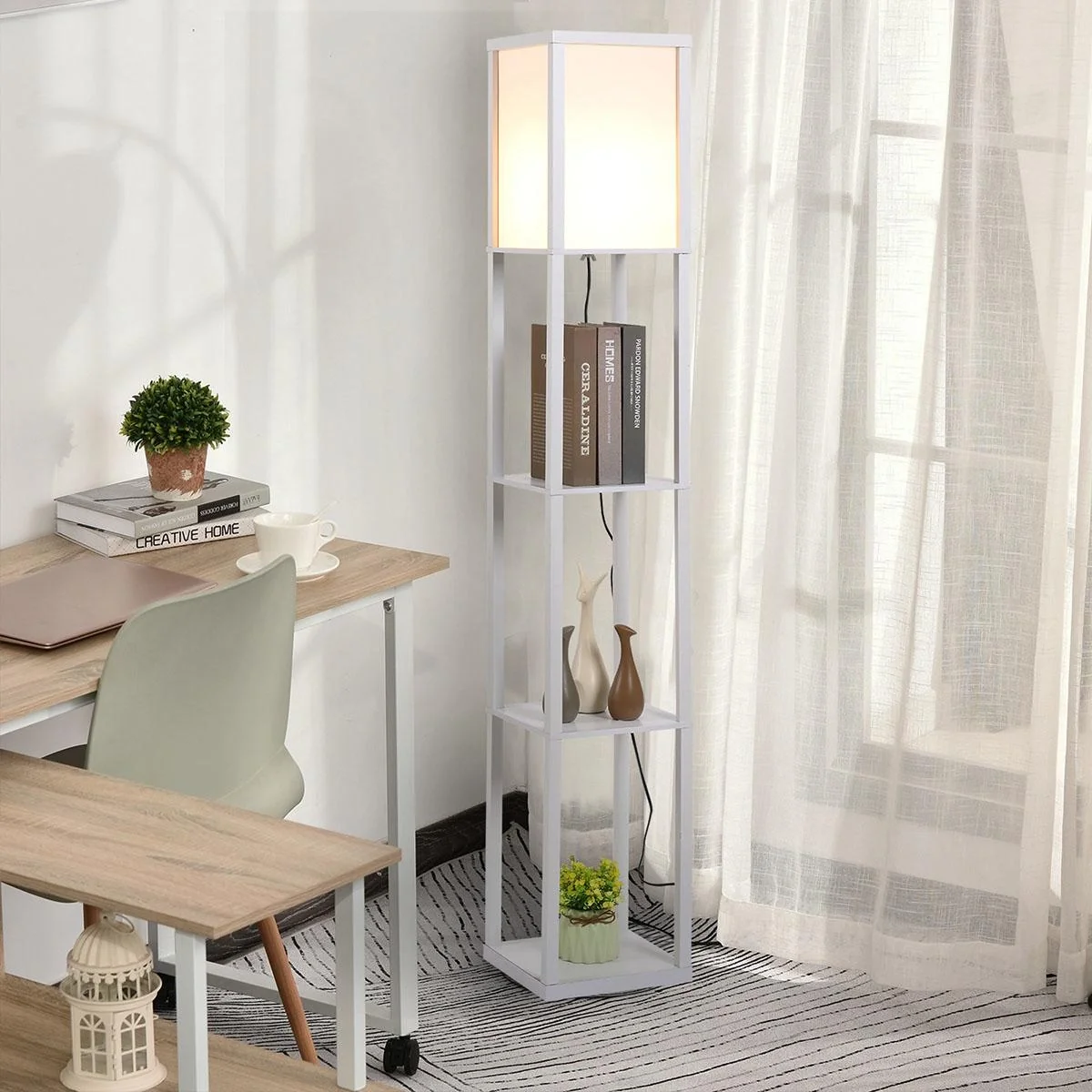 Stehleuchte Stehlampe mit 3 Regalen Innenbeleuchtung E27 bis 40W für Wohn-/Schlafzimmer E1-MDF, Acryl Weiß 26 x 26 x 160 - 4