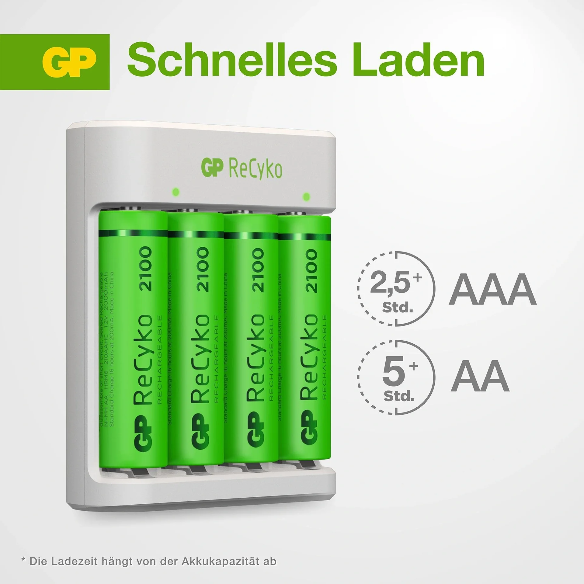 USB Ladegerät für 4 AA / AAA NiMH Akkus inklusive 4 Stück ReCyko Mignon (AA) NiMH Akkus mit 2100 mAh - 8