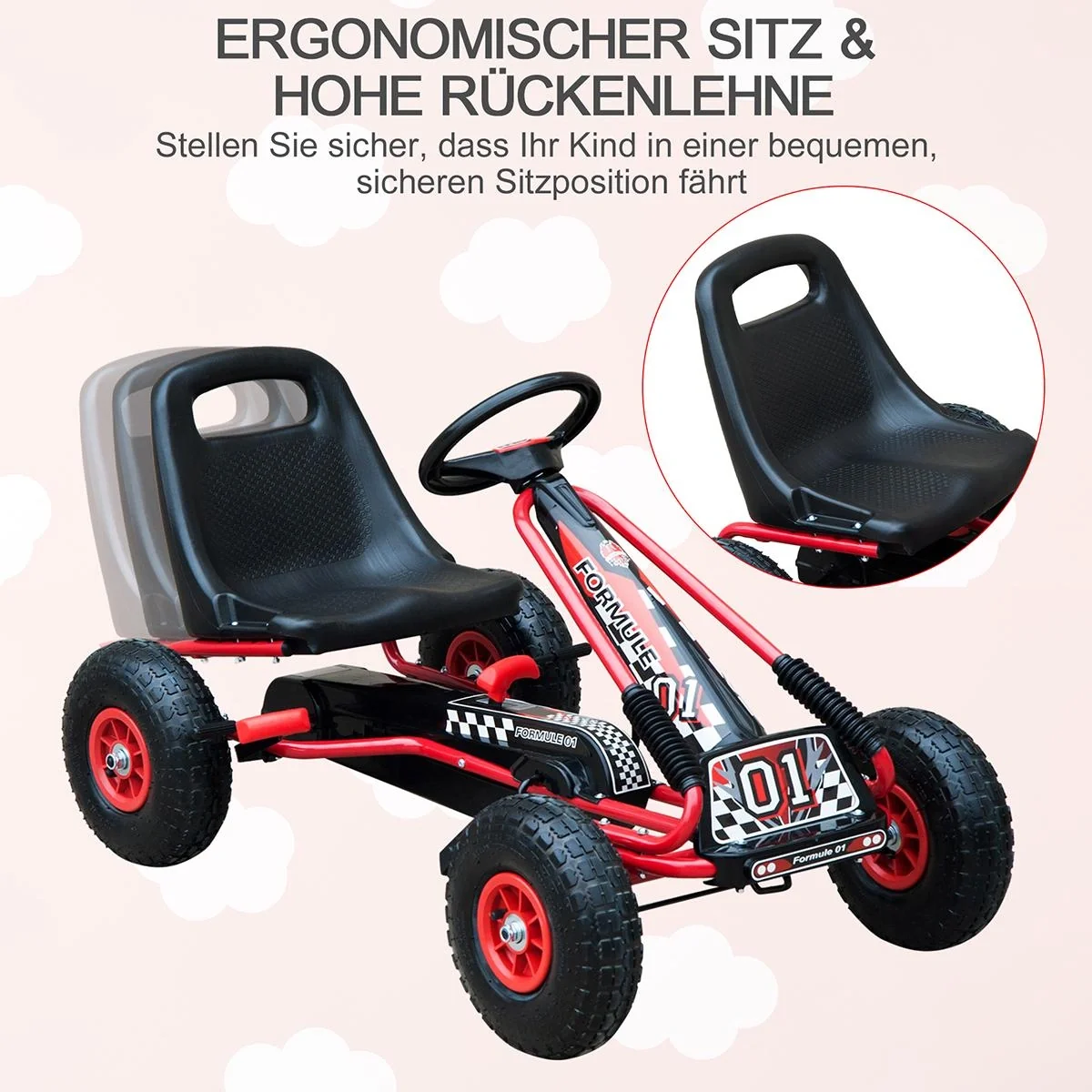Go Kart Kinderfahrzeug Tretauto mit Pedal Bremsen für 3-8 Jahre Gummiräder Stahl Rot+Schwarz 101 x 61 x 62 cm - 5