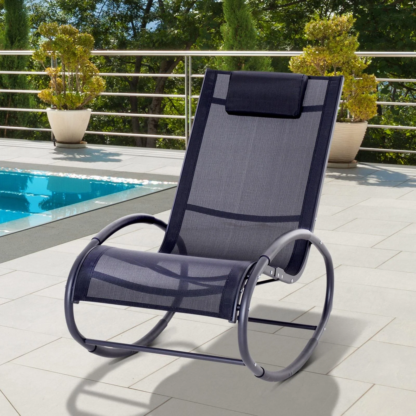 Schaukelstuhl Schaukelliege Gartenliege Schwungliege mit Kopfkissen wetterfest Aluminium Schwarz bis 120 kg 113 x 63 x 8 - 9