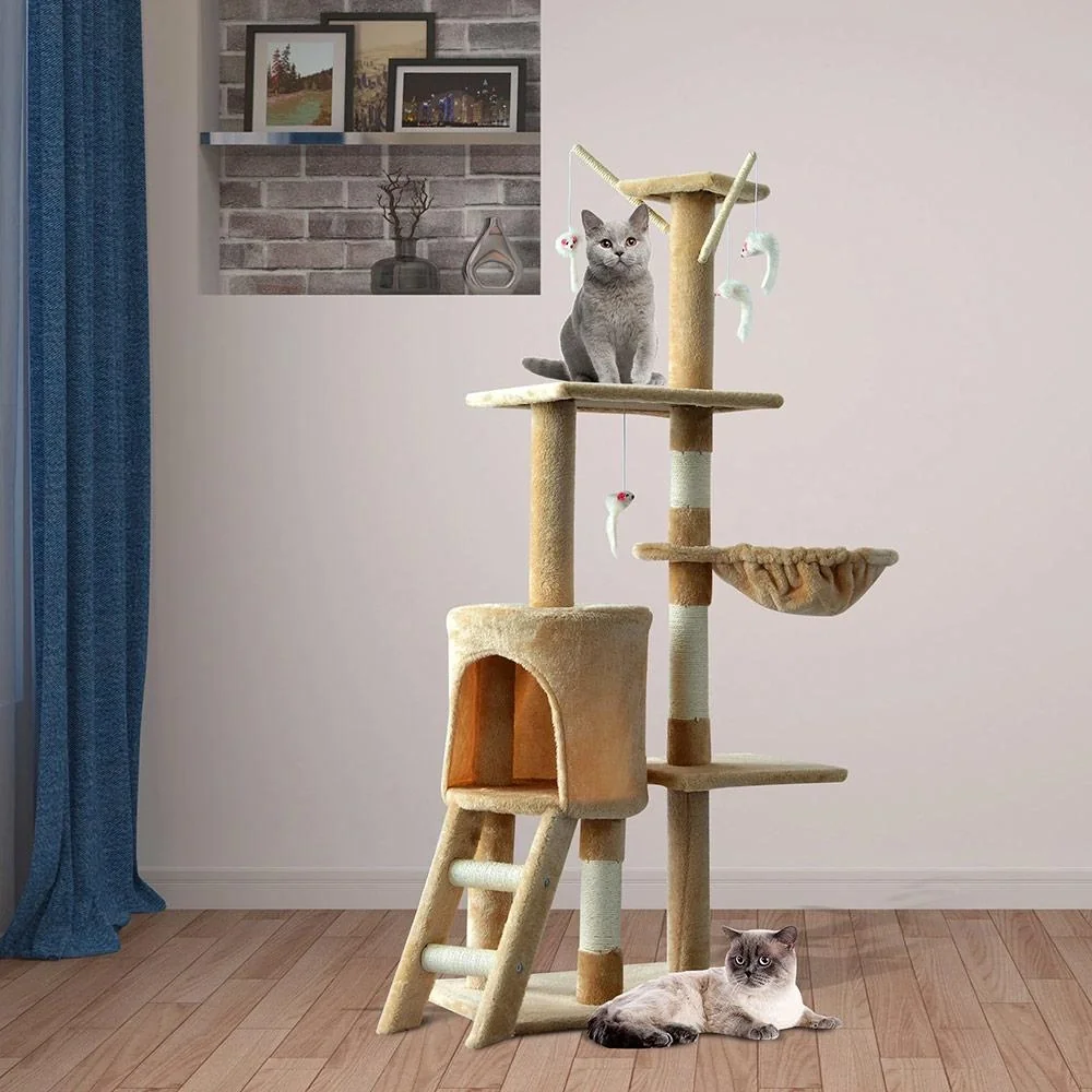 Katzenkratzbaum mit 4 Spielmäusen beige/weiß - 3