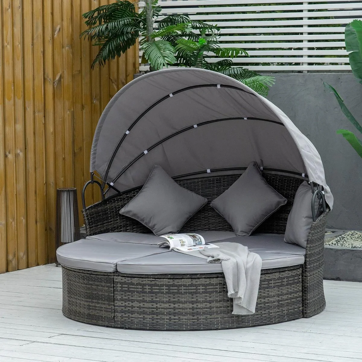 Polyrattan Sonneninsel mit faltbarem Sonnendach Lounge Sonnenliege Gartenliege Garnitur Gartenset Grau 171 x 180 x 155 c - 4