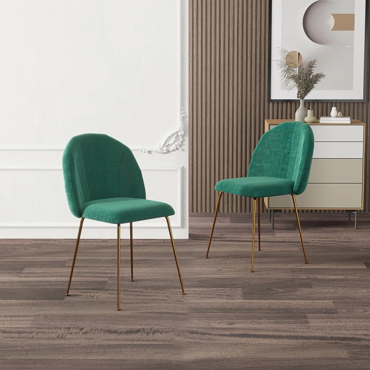 2er-Set Küchenstühle Esszimmerstühle mit Rückenlehne Polyester-Gewebe Metallbeine Grün+Gold 52 x 52 x 81 cm - 4