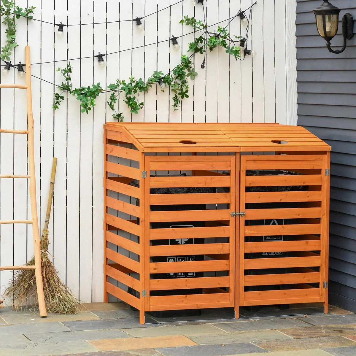 Mülltonnenbox Mülltonnecontainer mit Fronttüren Mülltonnenverkleidung für zwei 240L-Tonnen Massivholz Orange 131L x 85B - 3