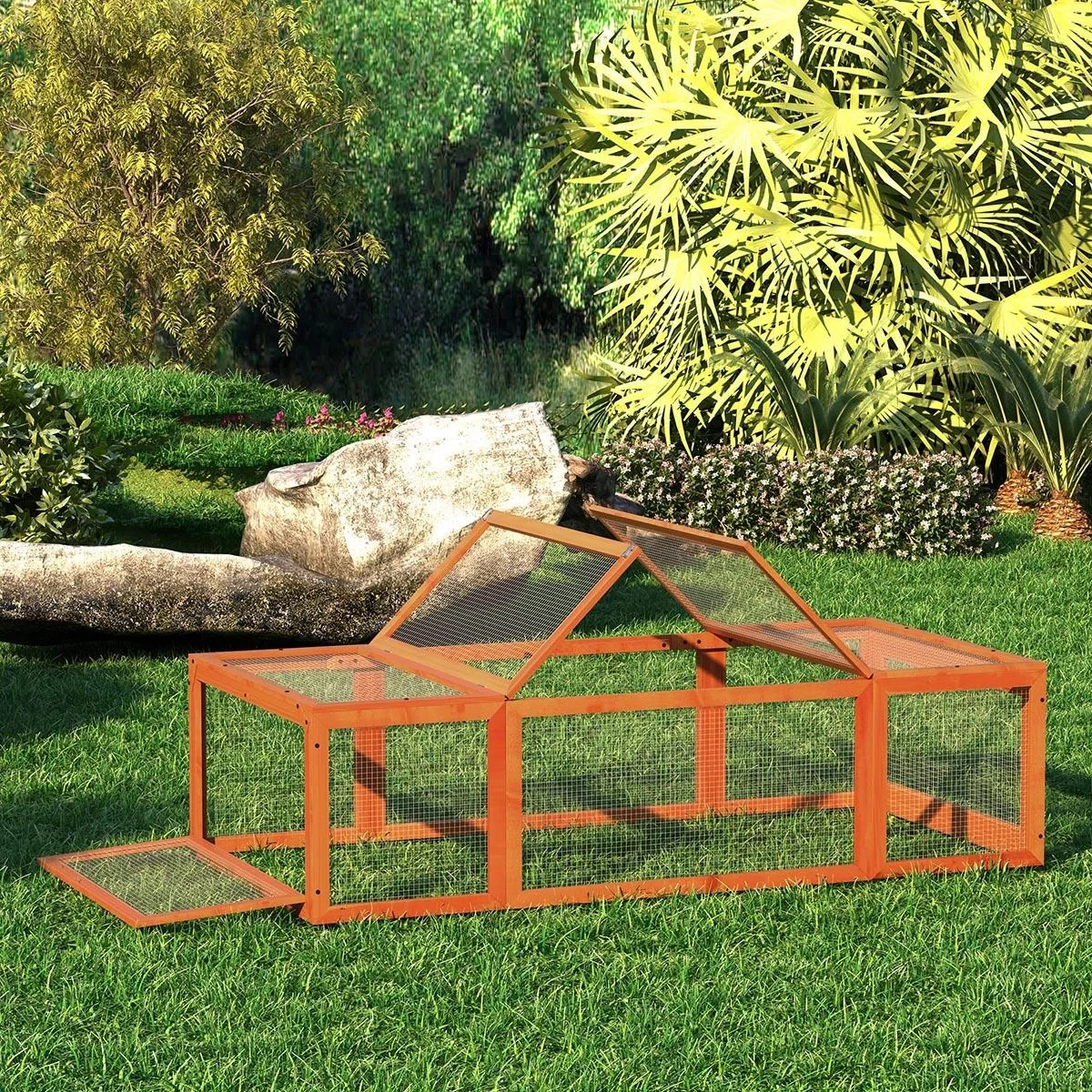 Zwergkaninchenstall mit Freilaufgehege, Kleintierstall, Massivholz, Multifunktional, Orange, 180 x 90 x 48 cm - 6