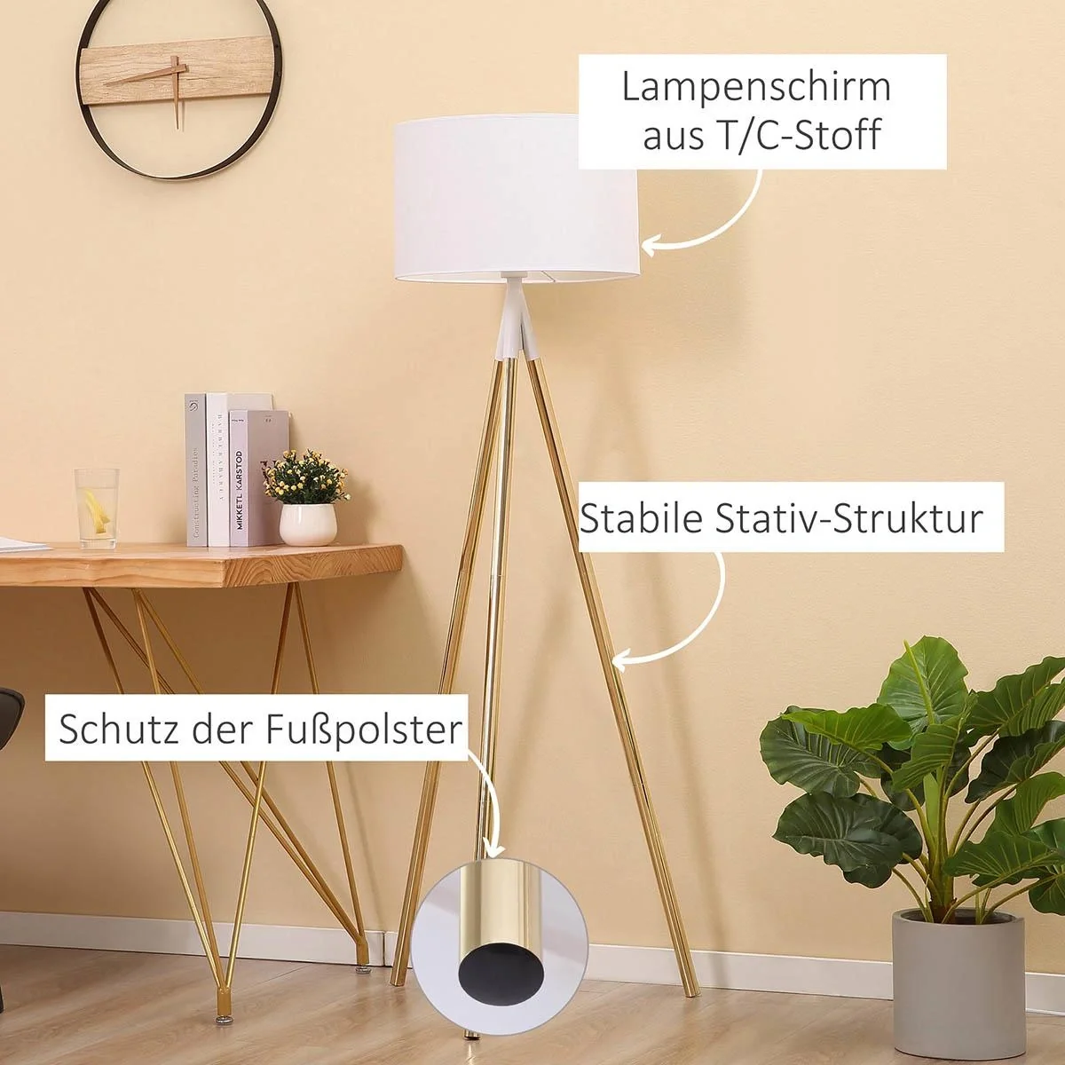 Stehlampe Wohnzimmer Tripod Stehleuchte 40W moderne Standleuchte mit E27 Fassung Metallfuß für Schlafzimmer Büro Weiß+Go - 6
