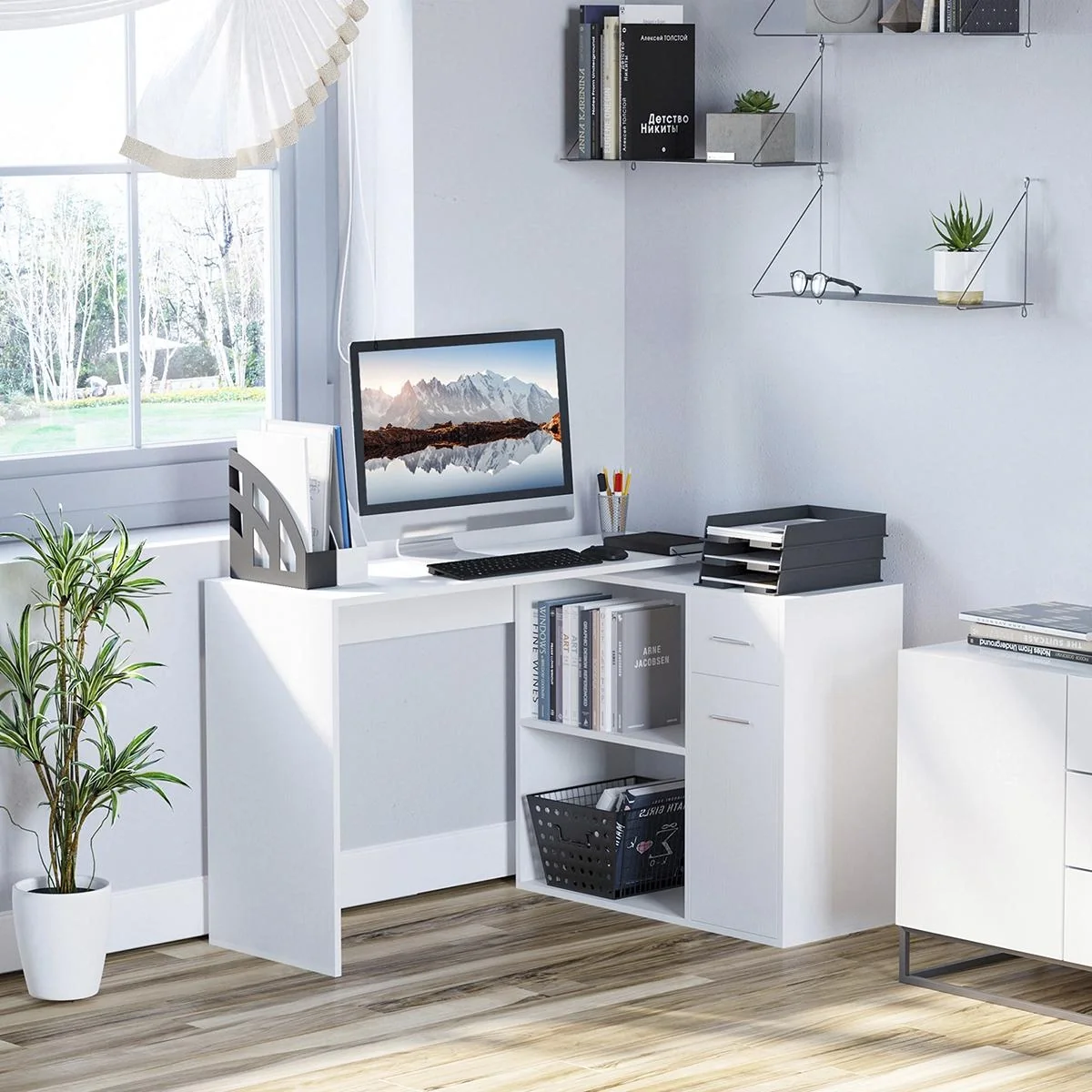 Eckschreibtisch Arbeitstisch Winkelschreibtisch PC-Tisch Computertisch Bürotisch 180-Grad-Design mit Regal und Schublade - 4
