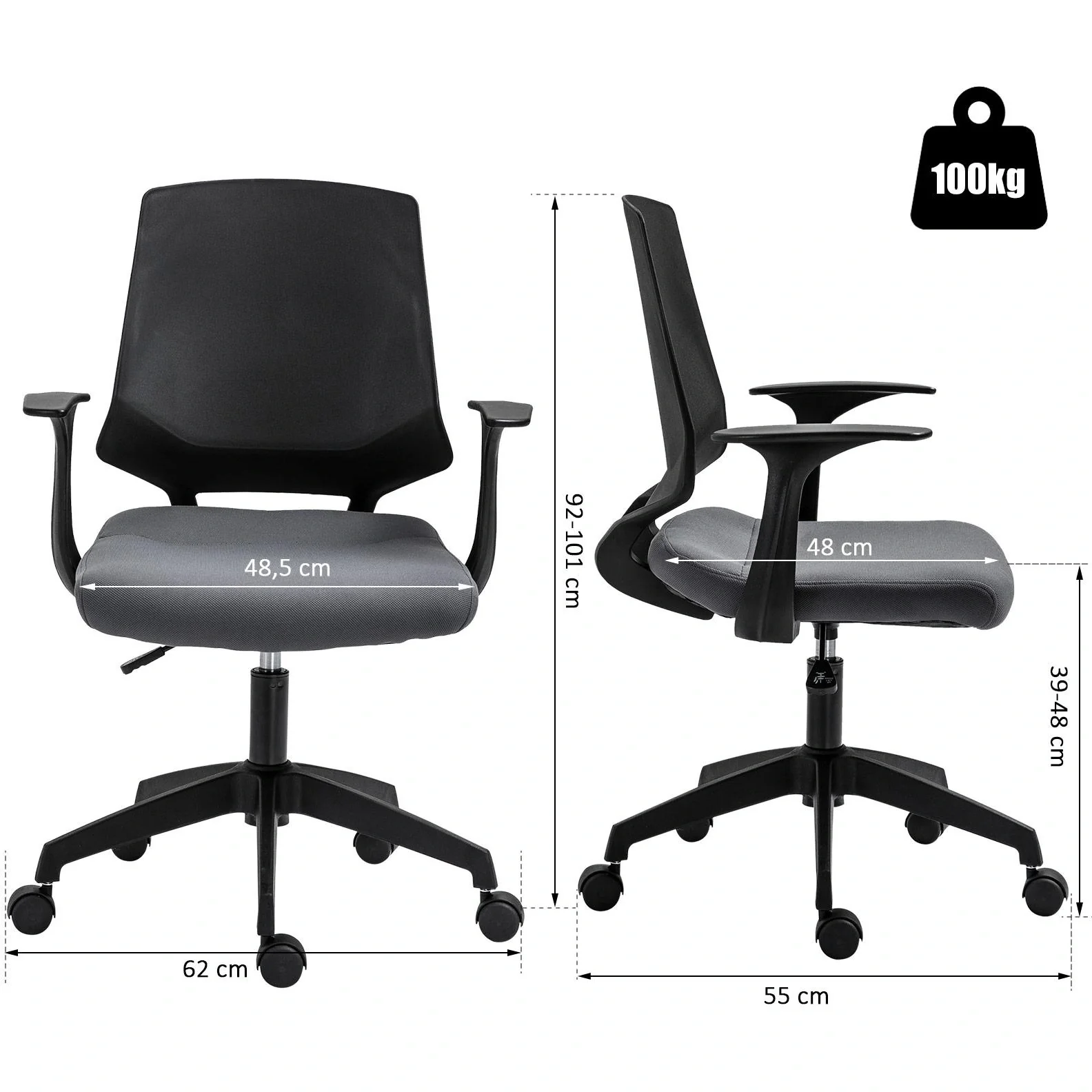 Drehstuhl Chefsessel Schreibtischstuhl rollbar höhenverstellbar ergonomisch gepolstert Grau 62 x 55 x (92 101) cm - 8