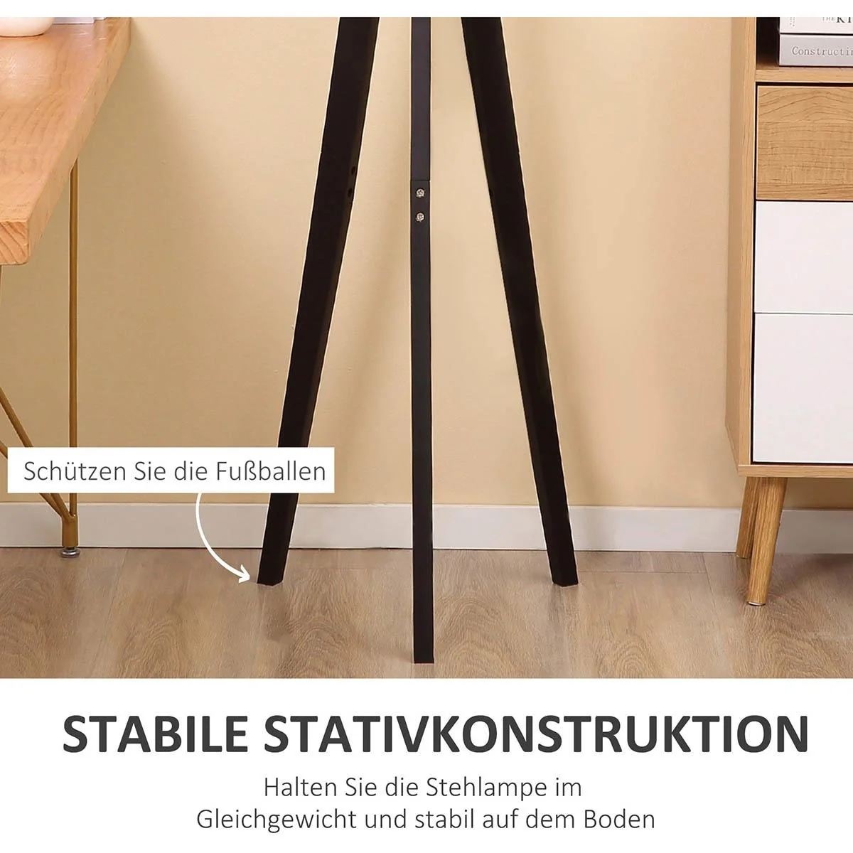 Stehlampe Wohnzimmer Tripod Stehleuchte 40W moderne Standleuchte mit E27 Fassung Holzfuß für Schlafzimmer Büro Schwarz+G - 5