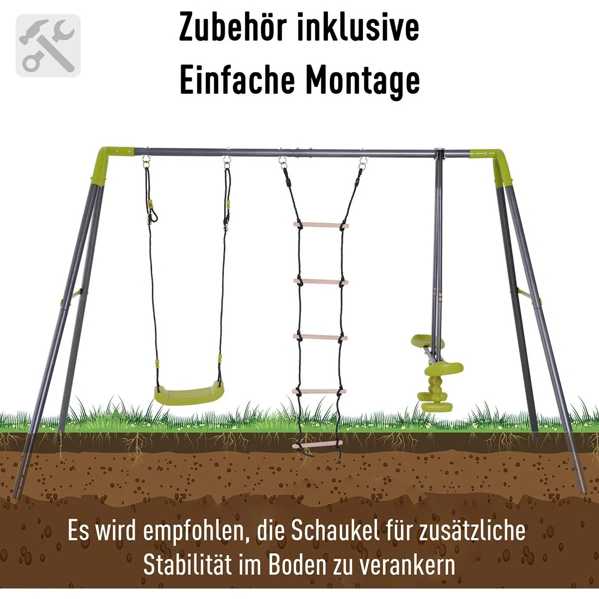 Kinder Gartenschaukel mit Wippe und Seilleiter schwarz/hellgrün - 9