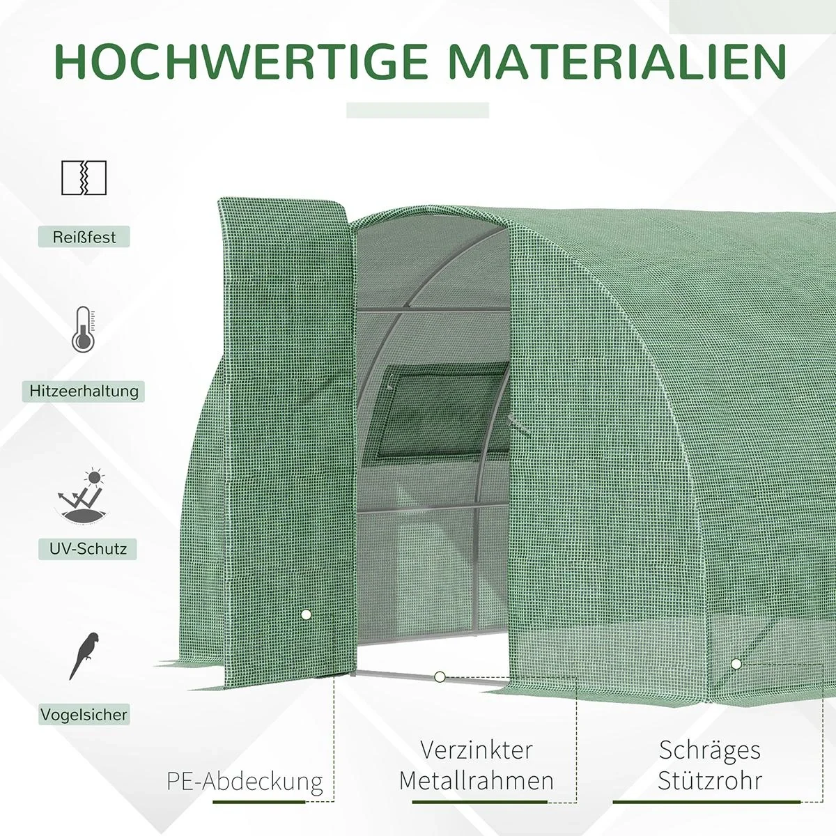 Foliengewächshaus 4 x 3 x 2 m Tunnel Gewächshaus Treibhaus Pflanzenhaus Folienzelt 2 Fenster Gitterfolie Grün - 5
