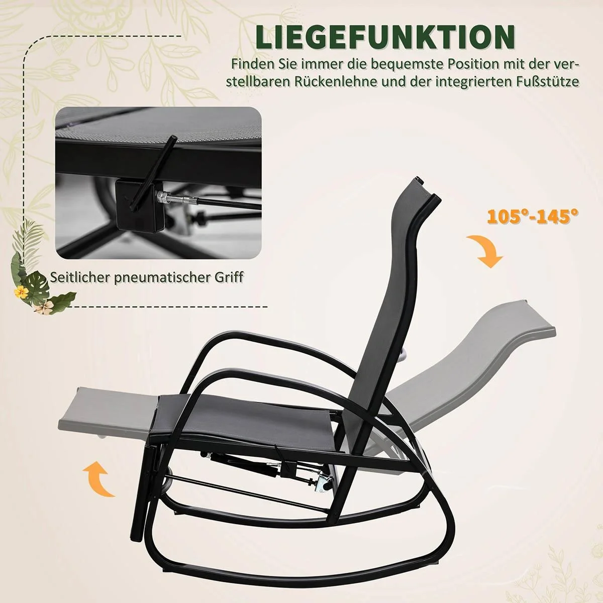 Schaukelstuhl Schaukelliege mit Rückenlehne Fußstütze verstellbar Gartenliege Schwungliege bis 160 kg belastbar Textelin - 5
