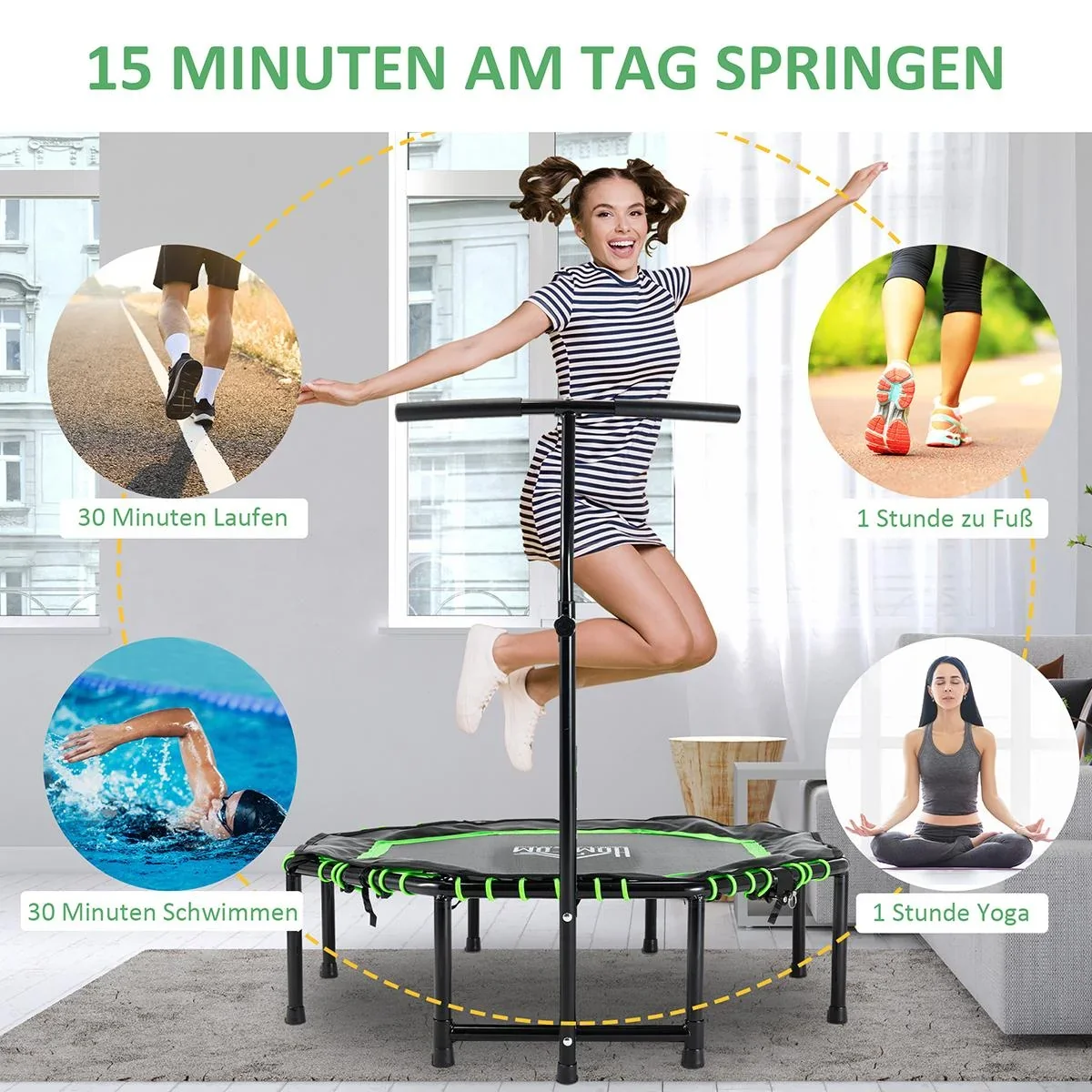 Fitness-Trampolin mit verstellbarem Griff klappbar Trampolin für Kinder und Erwachsene Gartentrampolin Stahl Grün+Schwar - 4