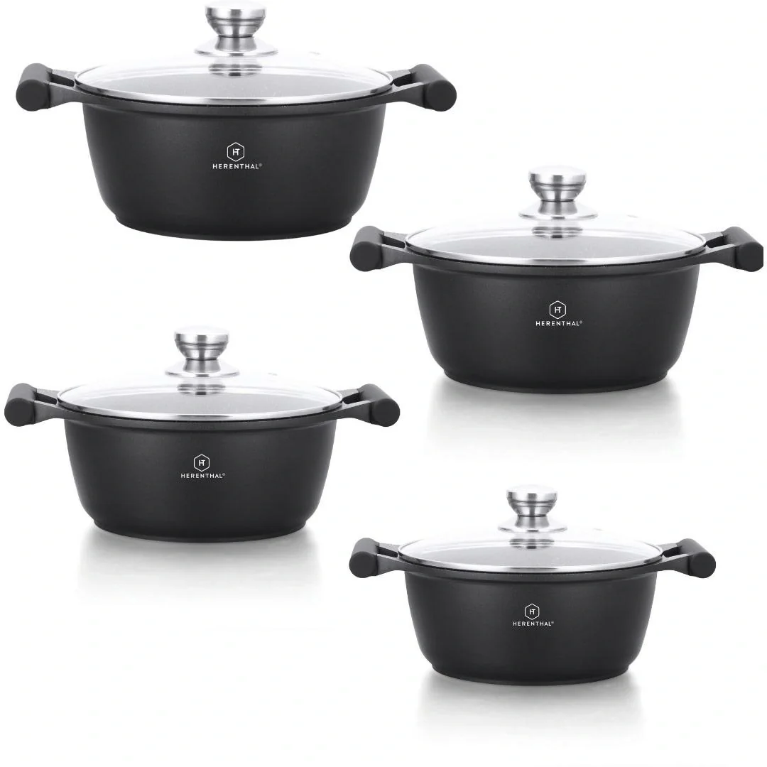 Herenthal 4-teiliges Kochgeschirr-Set - Schmorpfanne - 24cm, 26cm, 28cm, 30cm - Marmorbeschichtung - mit Glasdeckel - 1