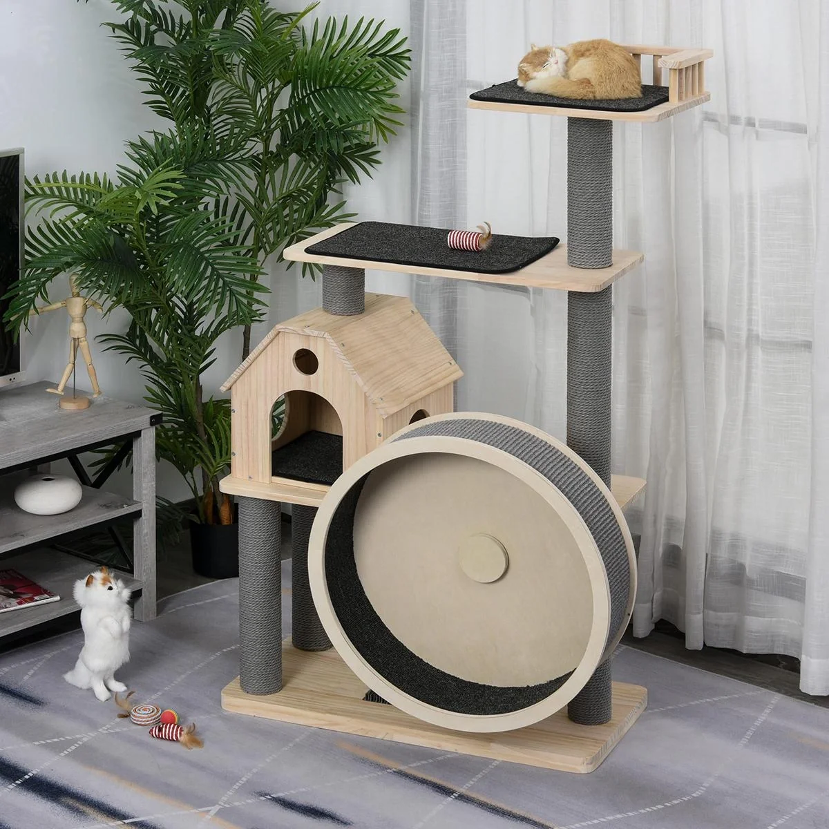 Katzenbaum mit Laufrad, 4-Stock Kratzbaum, Katzenhaus mit Sisalsäulen, Katzenhöhle, Massivholz 80 x 50 x 143 cm - 2