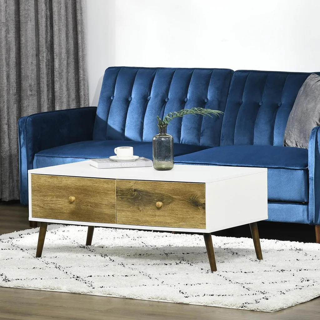 Couchtisch Wohnzimmertisch mit Schublade Beistelltisch Kaffeetisch Teetisch Nachttisch Spanplatte Buchenholz Weiß+Braun - 4