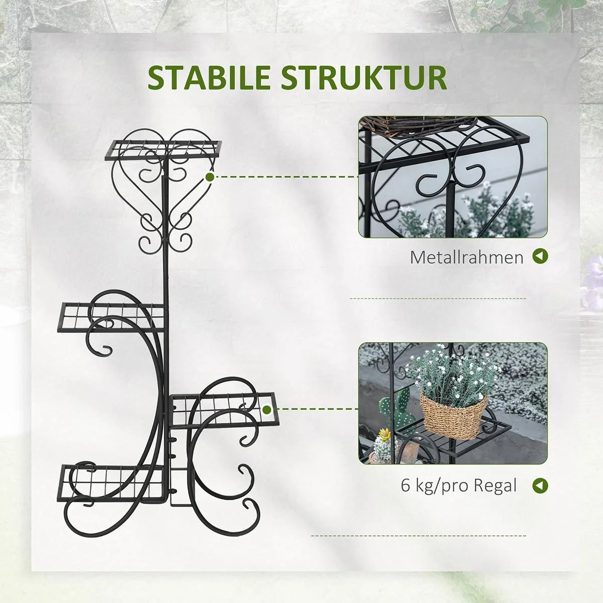 Blumenregal aus Metall 4 Ebenen Pflanzenregal für innen und außen Garten Balkon Schwarz 45 x 24,5 x 80 cm - 6