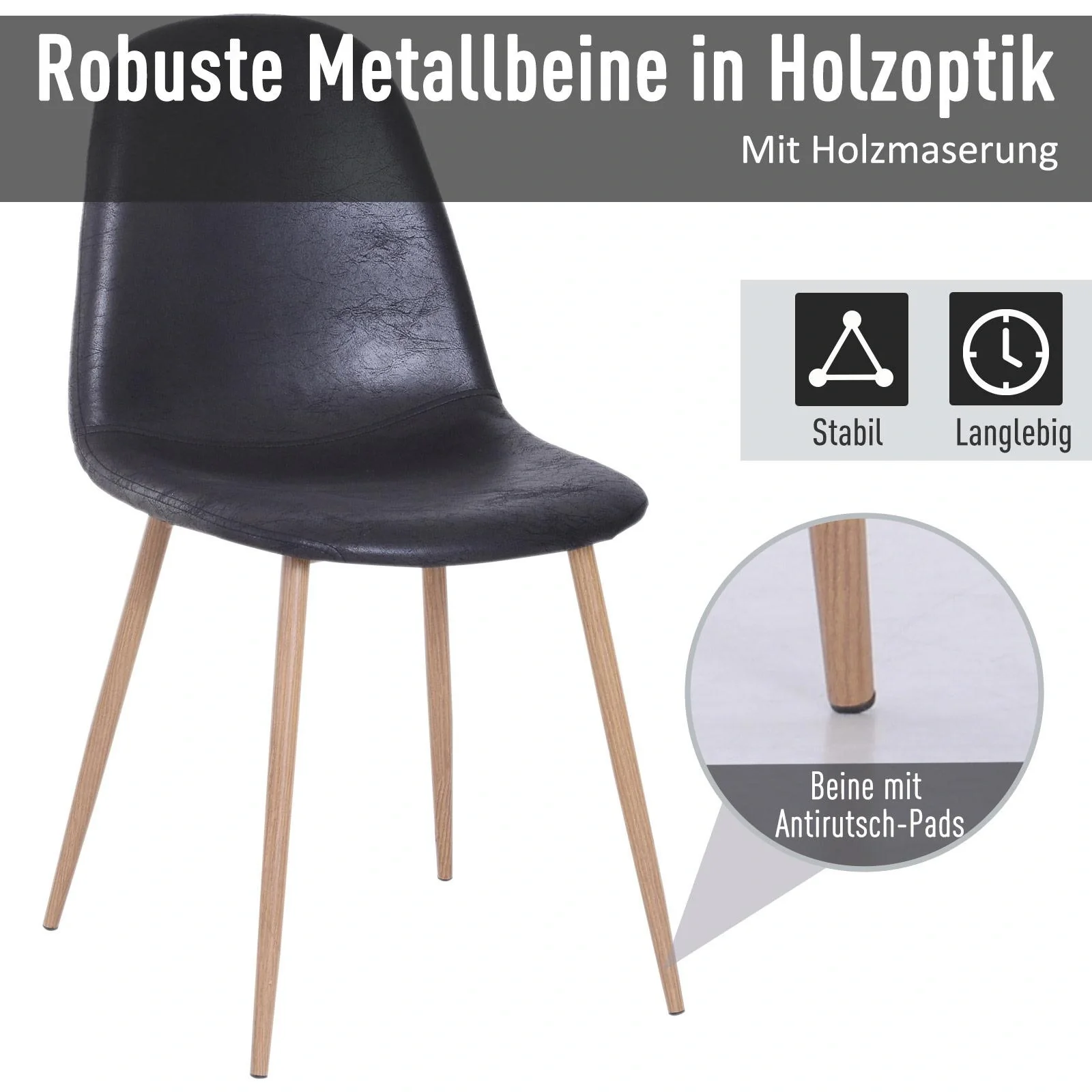 2er-Set Esszimmerstuhl Küchenstuhl mit Rückenlehne Kunstwildleder Sessel Schwarz - 7