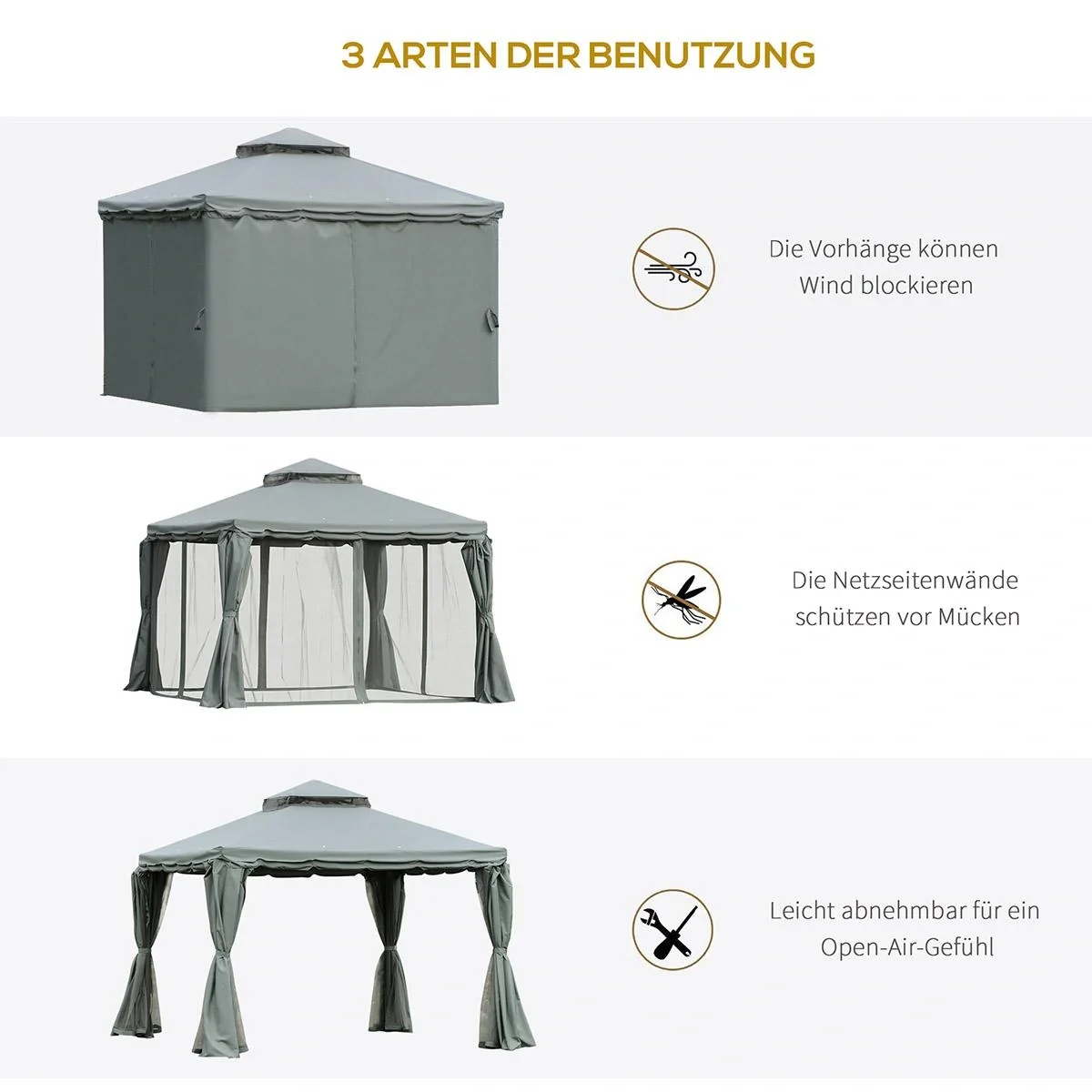 Gartenpavillon Pavillon Gartenzelt Festzelt Partyzelt mit 4 x Seitenwand wetterfest Aluminium Polyester Grau 3 x 3 x 2,7 - 4