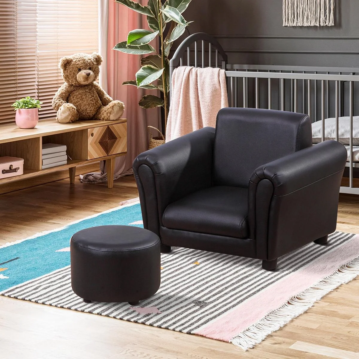 Kindersessel mit Fußhocker Kindercouch Kindersofa Minisofa Kindermöbel Holz Schwarz - 4