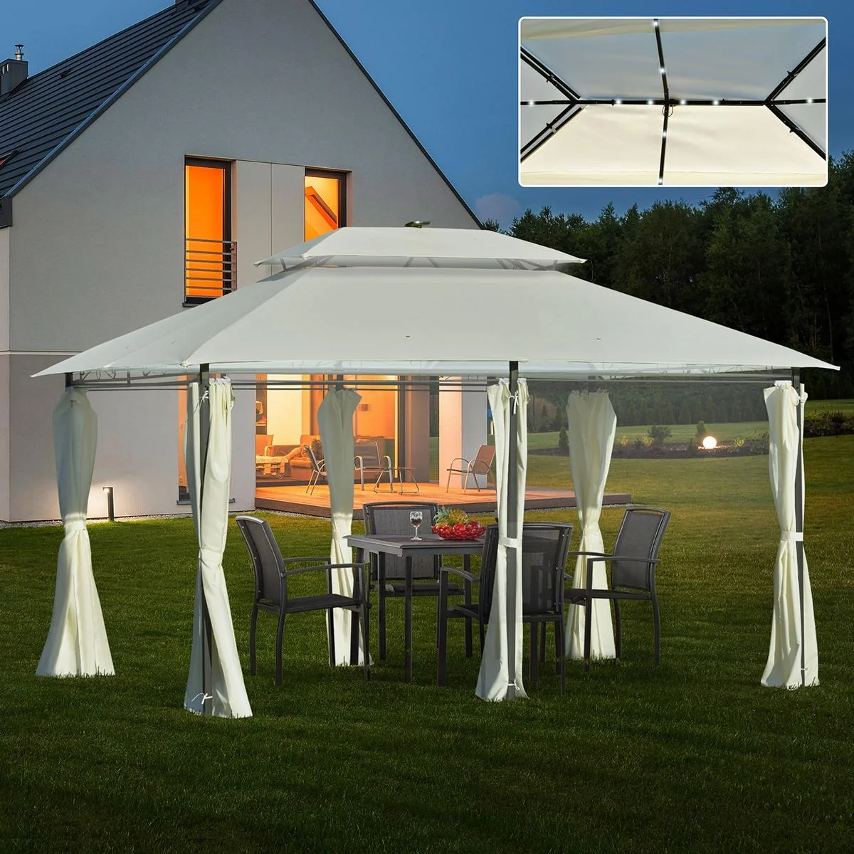 Gartenpavillon 4 x 3m Pavillon Gartenzelt Festzelt Partyzelt mit LED Licht Stahl Polyester Cremeweiß - 4