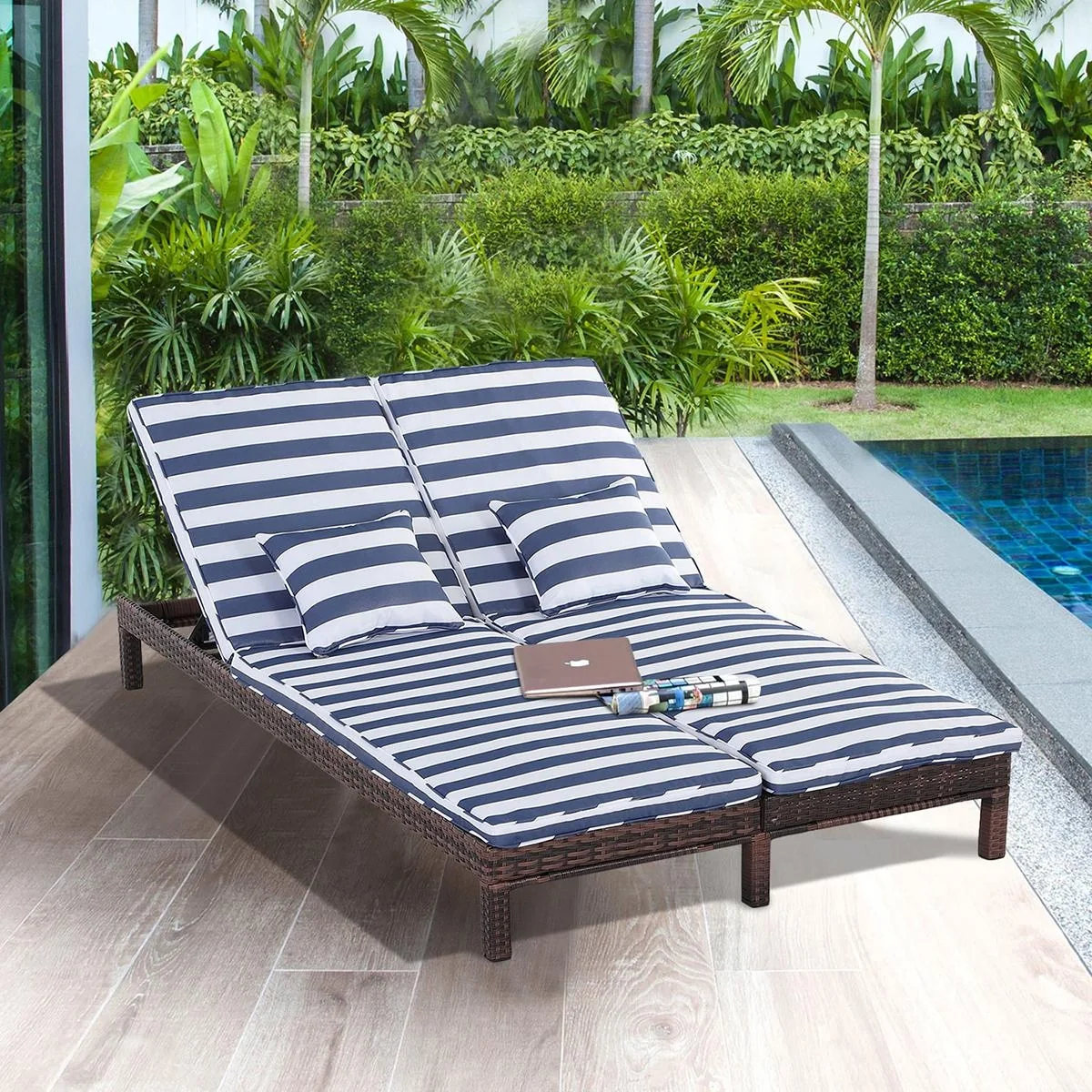 Gartenliege, Doppelliege, Relaxliege für 2 Personen, Luxus Lounge, 5-stufige Rückenlehne, Metall, PE Rattan, Blau, 195 x - 4