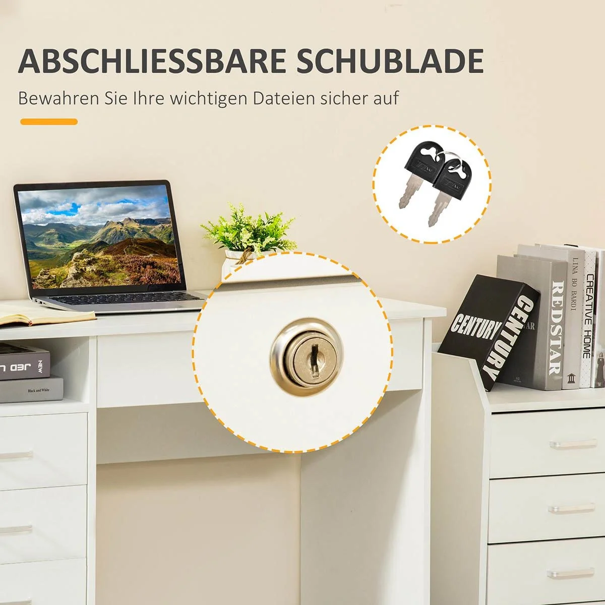 Computertisch Schreibtisch mit 5 Schubladen und Regal Bürotisch mit Schloss großer Arbeitsfläche Weiß 110 x 50 x 76 cm - 5