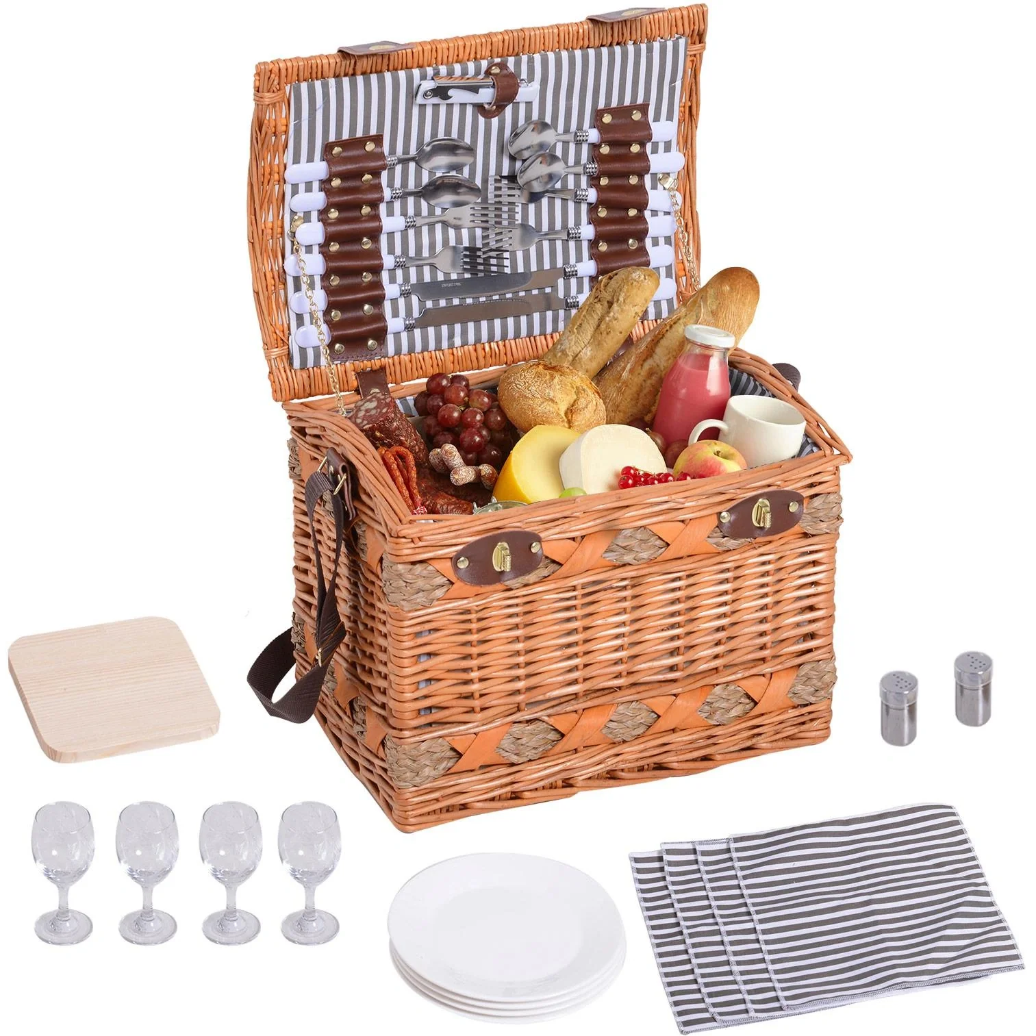 Picknickkorb für 4 Personen Picknickkoffer Picknickset Weidenkorb mit Käsebrett Utensilien Glas - 10