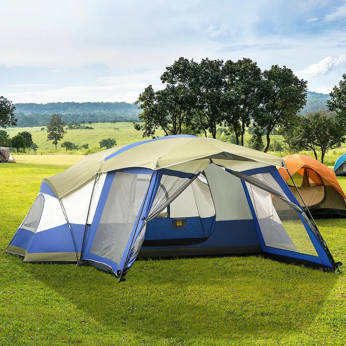 Campingzelt 6-8 Personen - PU3000mm - Blau/Grün/Weiß - 518 x 487 x 237 cm - 5
