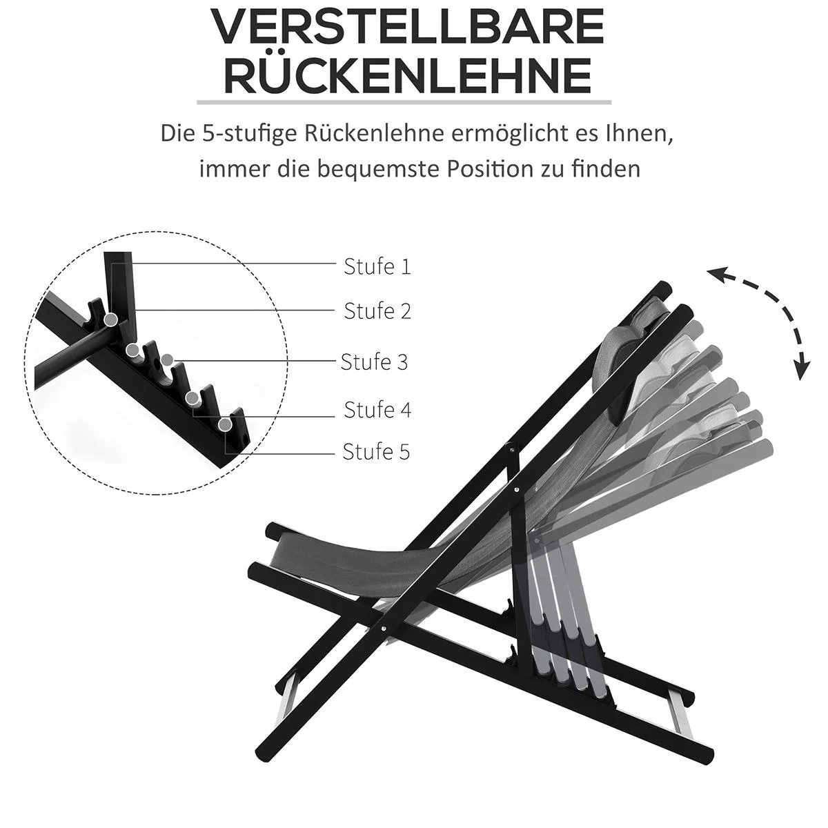Klappstuhl 2er-Set Klappbarer Gartenstuhl 5-fach verstellbare Rückenlehne Balkonstuhl Campingstuhl Alu Schwarz - 5