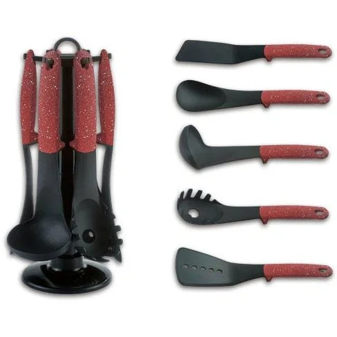 7-teiliges Küchenutensilien-Set - Rot - Servierlöffel, Spatel, Spaghettilöffel, Schöpfkelle, Spatel, Schaumlöffel - 4