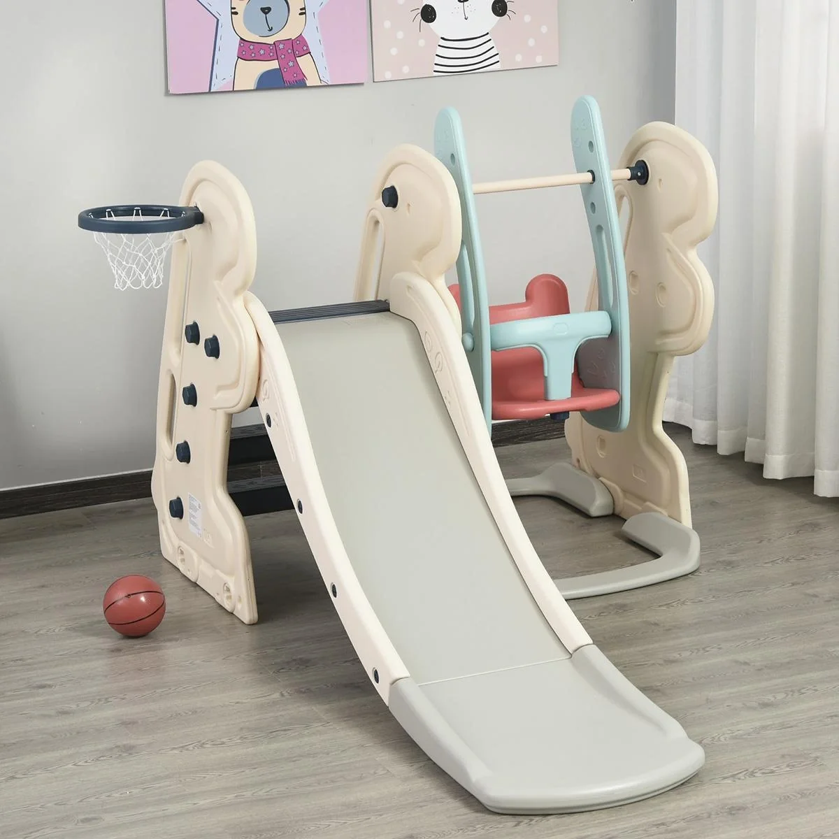 3-in-1 Kinderrutsche Kinder Rutsche mit Basketballkorb, Schaukel, Leiter Spielzeug Slide Gartenrutsche Babyrutsch für 1- - 4