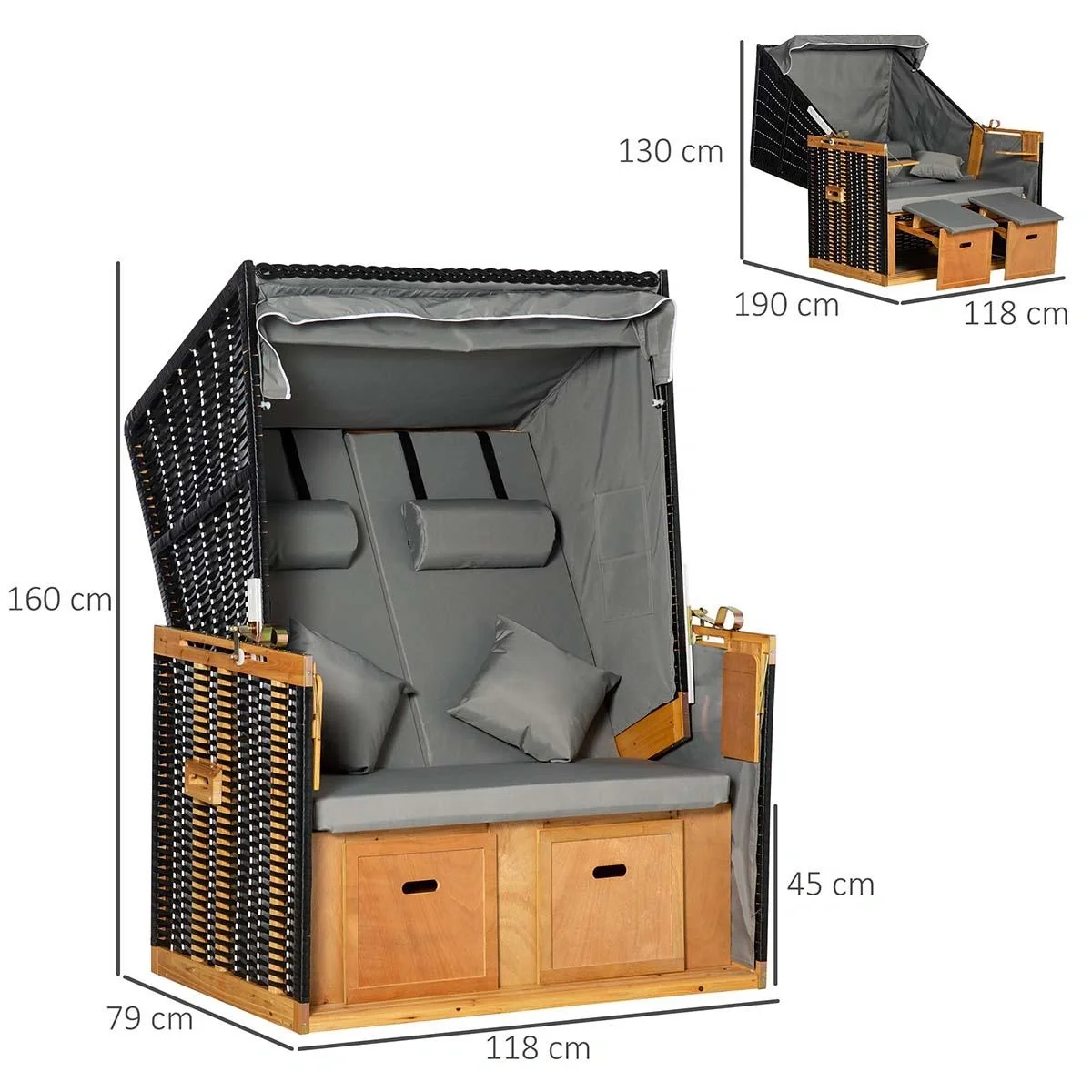 Strandkorb Volllieger Gartenliege Getrankehaltern PE Rattan Hellgrau 118 x 79 x 50 cm - 5