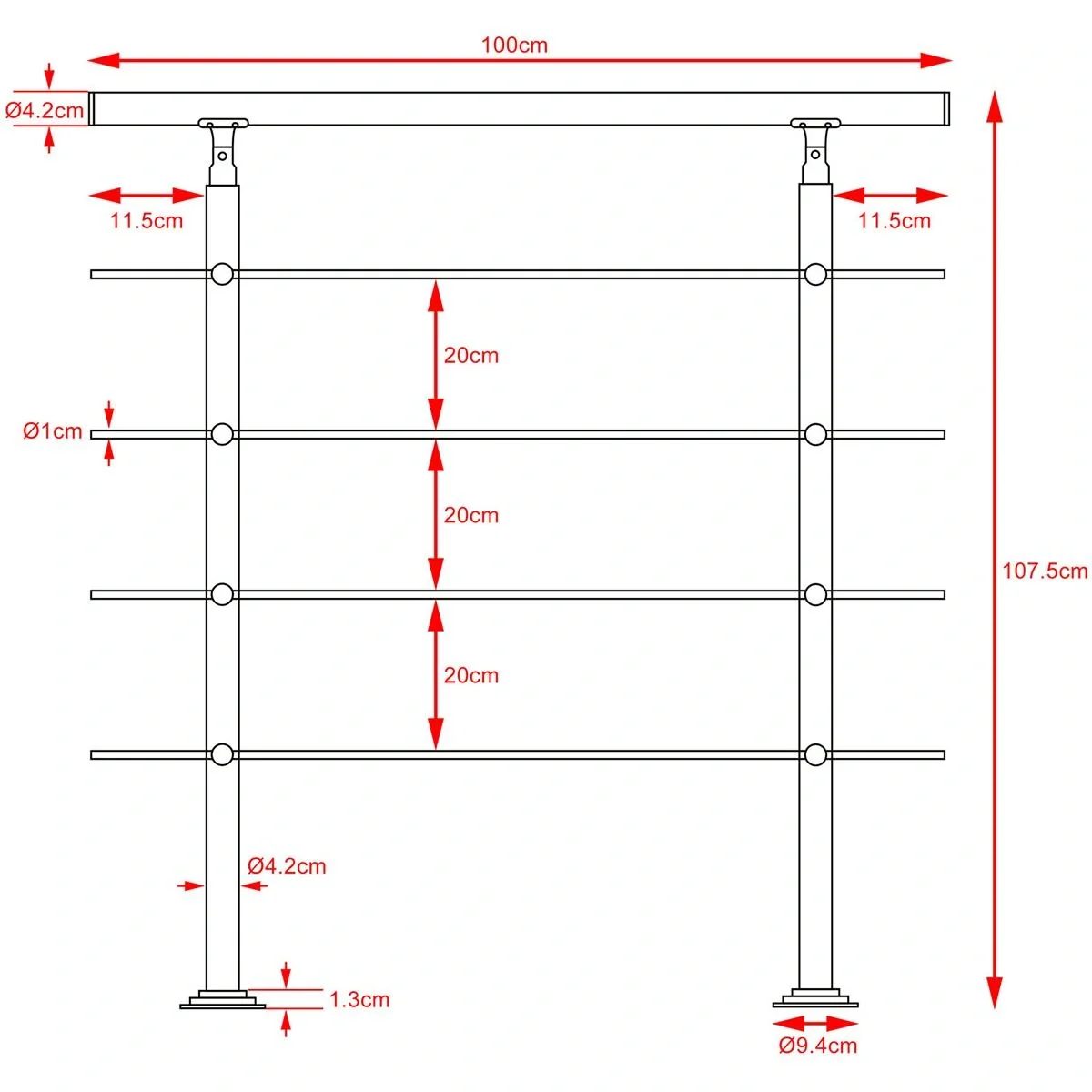 Handlauf Edelstahl - 3,3ft - 4 Stringer - 5