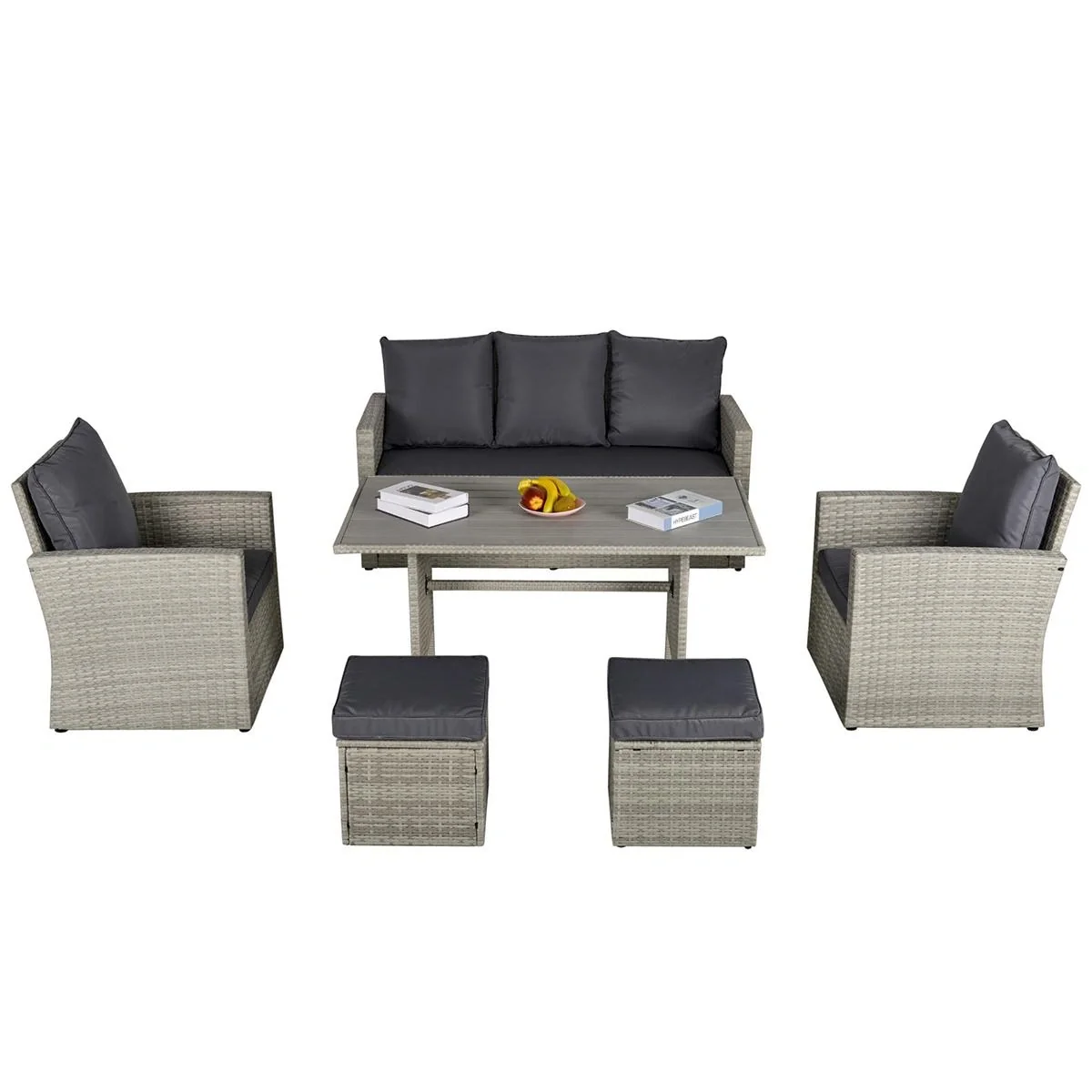 Poly Rattan Sitzgruppe 6 tlg. Garten Essgruppe Sofa-Set Sofa Lounge Hocker Hof Balkon Pool PE Rattan Grau - 3
