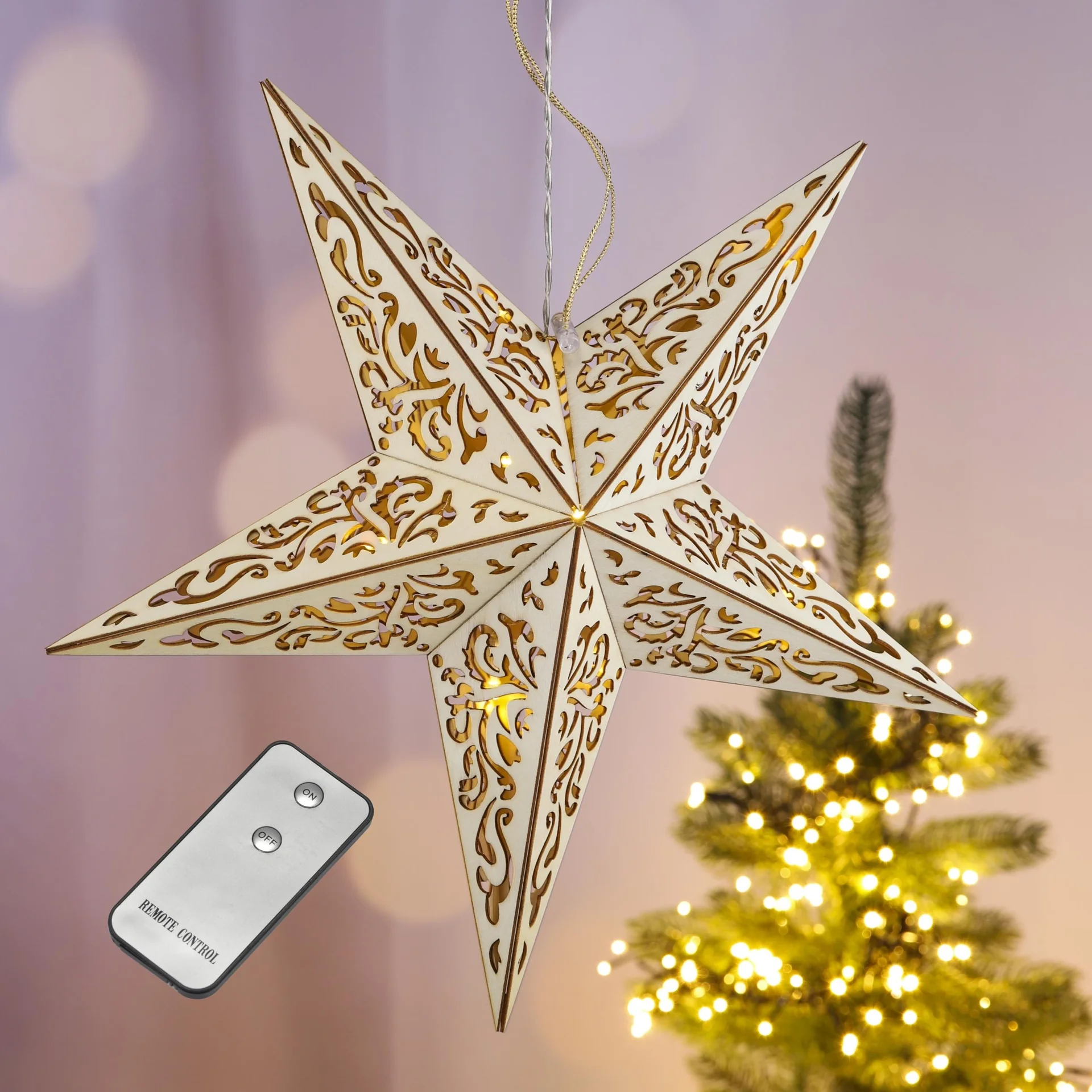 LED Holzstern mit Fernbedienung - 1
