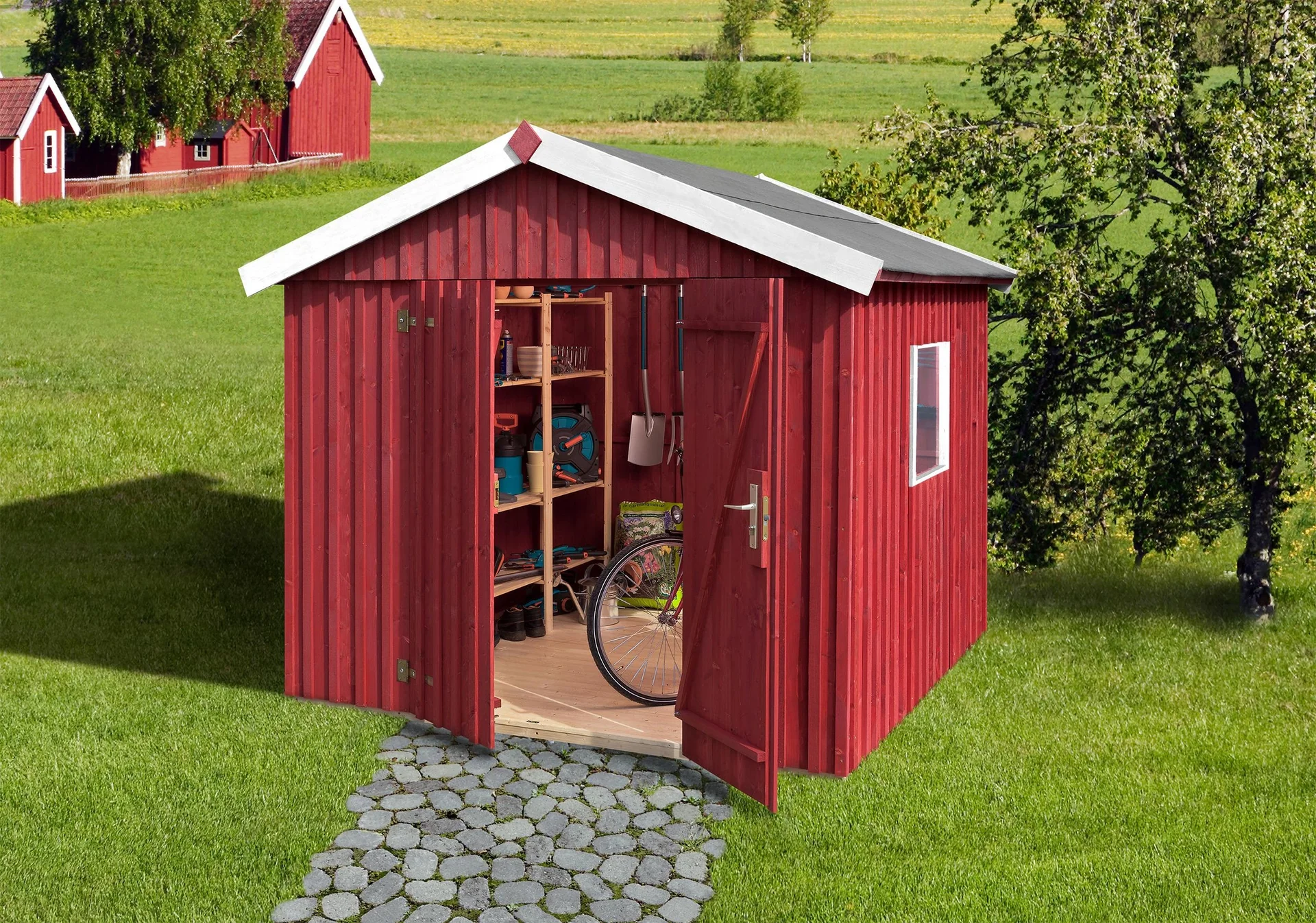 Schwedenhaus Gr.3, L x B x H 277 x 286 x 230 cm, sägerauh, schwedenrot, breite Doppeltür und Fenster - 3