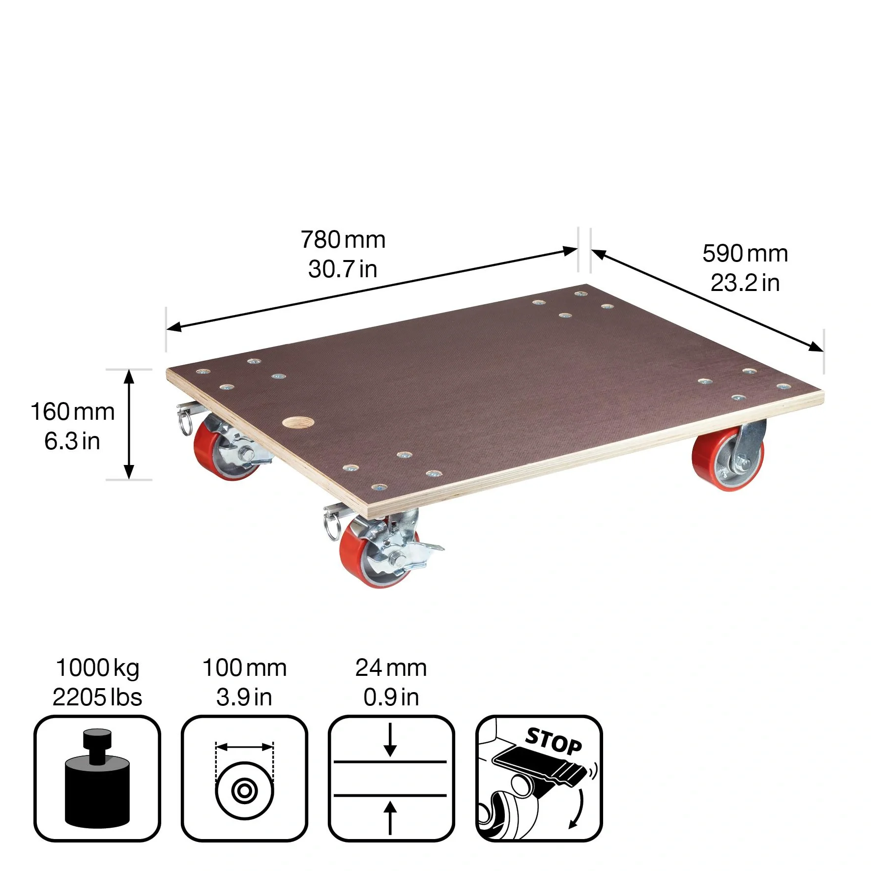 Transporthilfe MM 1348, 78 x 59 x 16 cm, harte Rollen Ø 100 mm, Rollenlager, 2 Bremsen, Platte FSC®, Tragkraft 1.000 kg - 9