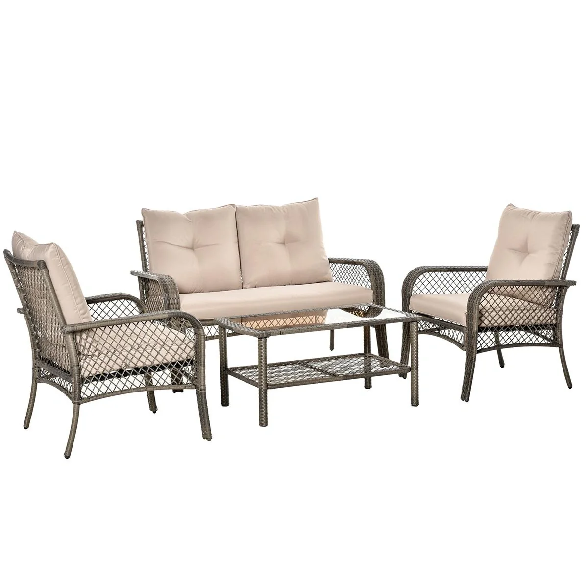 4-tlg. Gartensitzgruppe mit Beistelltisch Kissen Rattan Gartenset Polyrattan Metall Grau 136 x 79 x 88 cm - 4