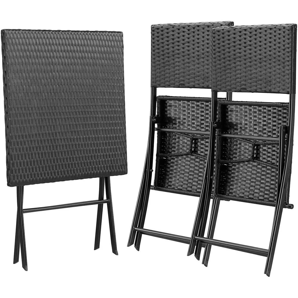 3 Stück Garten-Set - Tisch, Klappstühle - Polyrotan - Schwarz - 7