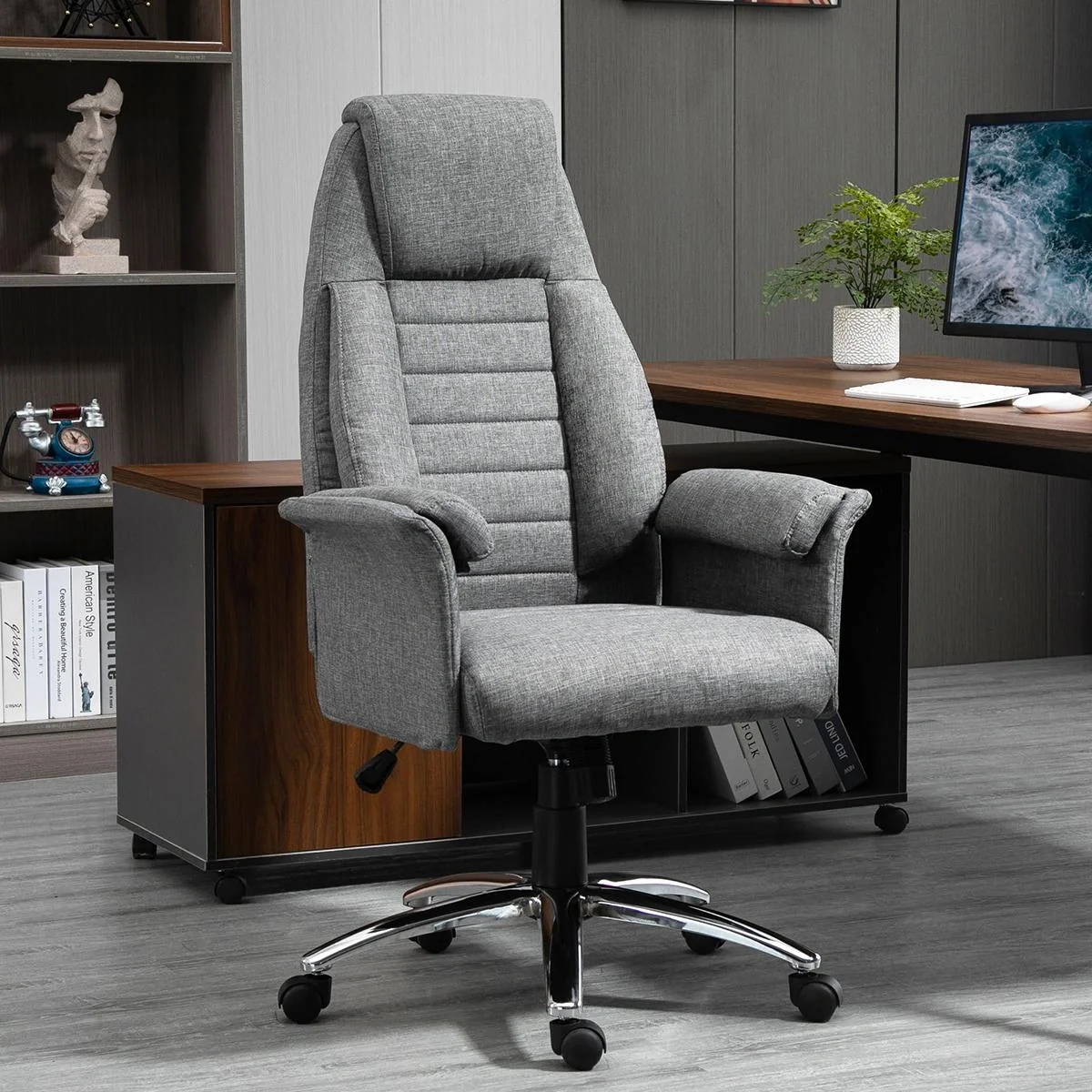 Drehstuhl Chefsessel Bürostuhl Schreibtischstuhl höhenverstellbar, Stoff+Metall, 79x70,5x116-125cm (Grau) - 4