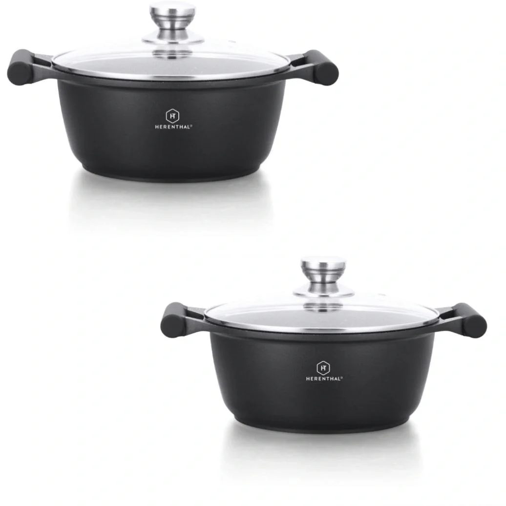 Herenthal 2-tlg. Kochgeschirr-Set - Schmorpfanne - 28cm, 30cm - Marmorbeschichtung - mit Glasdeckel - 1