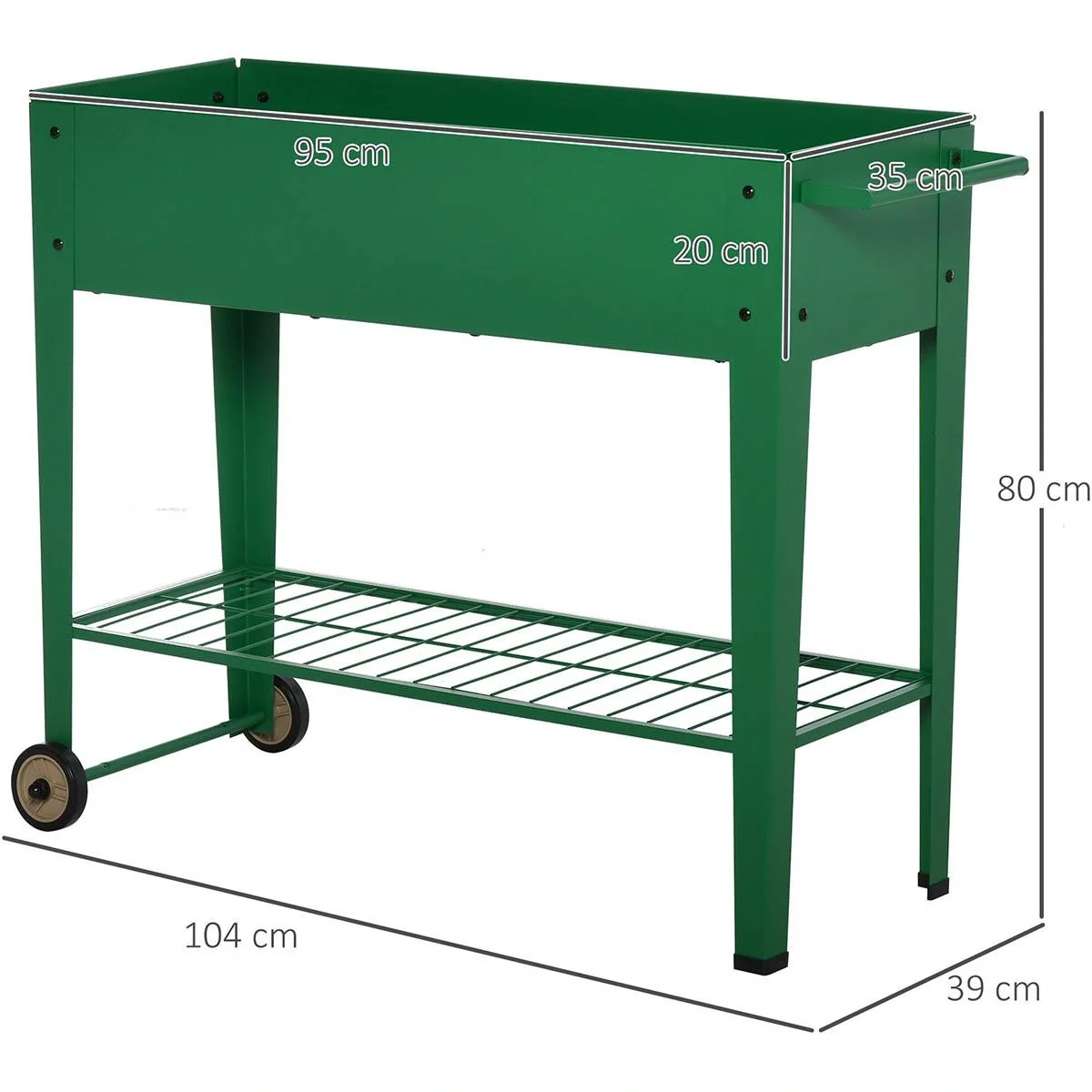 Grüner Metall-Pflanzkübel mit Rädern und Regal 104 x 39 x 80 cm - 5