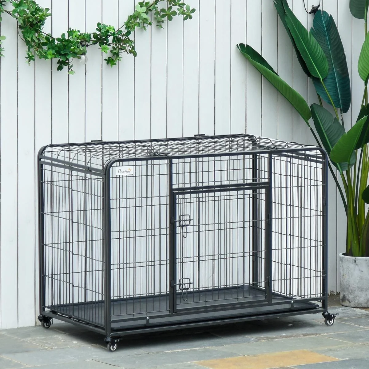 Hundekäfig faltbarer Transportkäfig mit Rädern 2 abschließbare Türen und abnehmbares Tablett Metall Grau+Schwarz 94 x 58 - 4