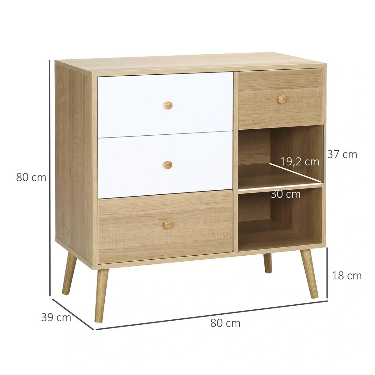 Sideboard Küchenschrank Kommode mit 2 offenen Fächern 4 Schubladen Skandi-Design Natur+Weiß 80 x 39 x 80 cm - 5