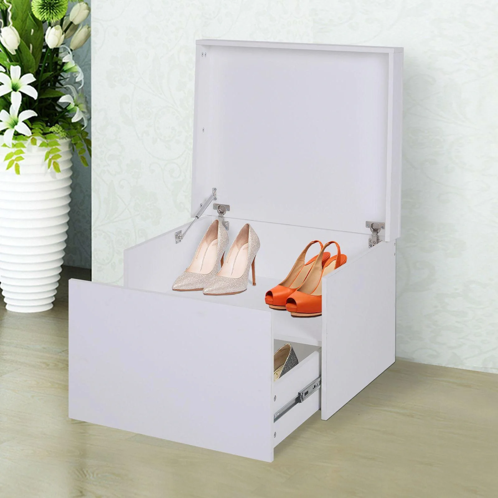 Schuhschrank Schuhregal Schuhbank mit Schublade und Klappe Holz Weiß 70 x 60 x 42 cm - 1